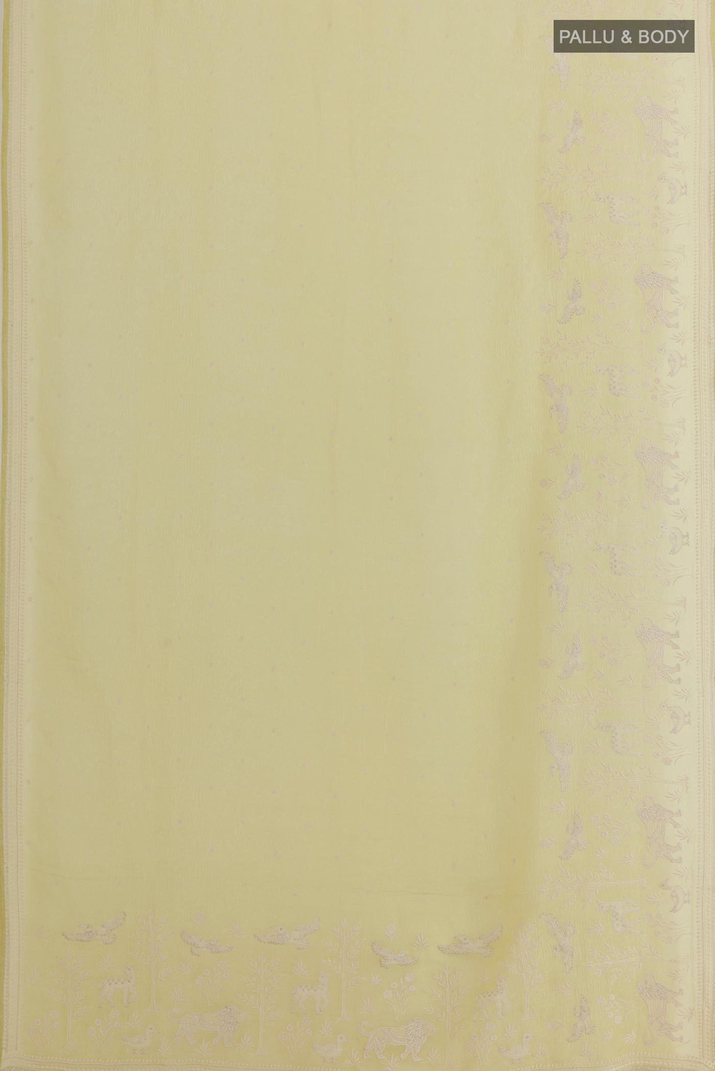 Flat view of Lemon Yellow Mysore Georgette Saree with Embroidery on the body and Embroidery Border. 