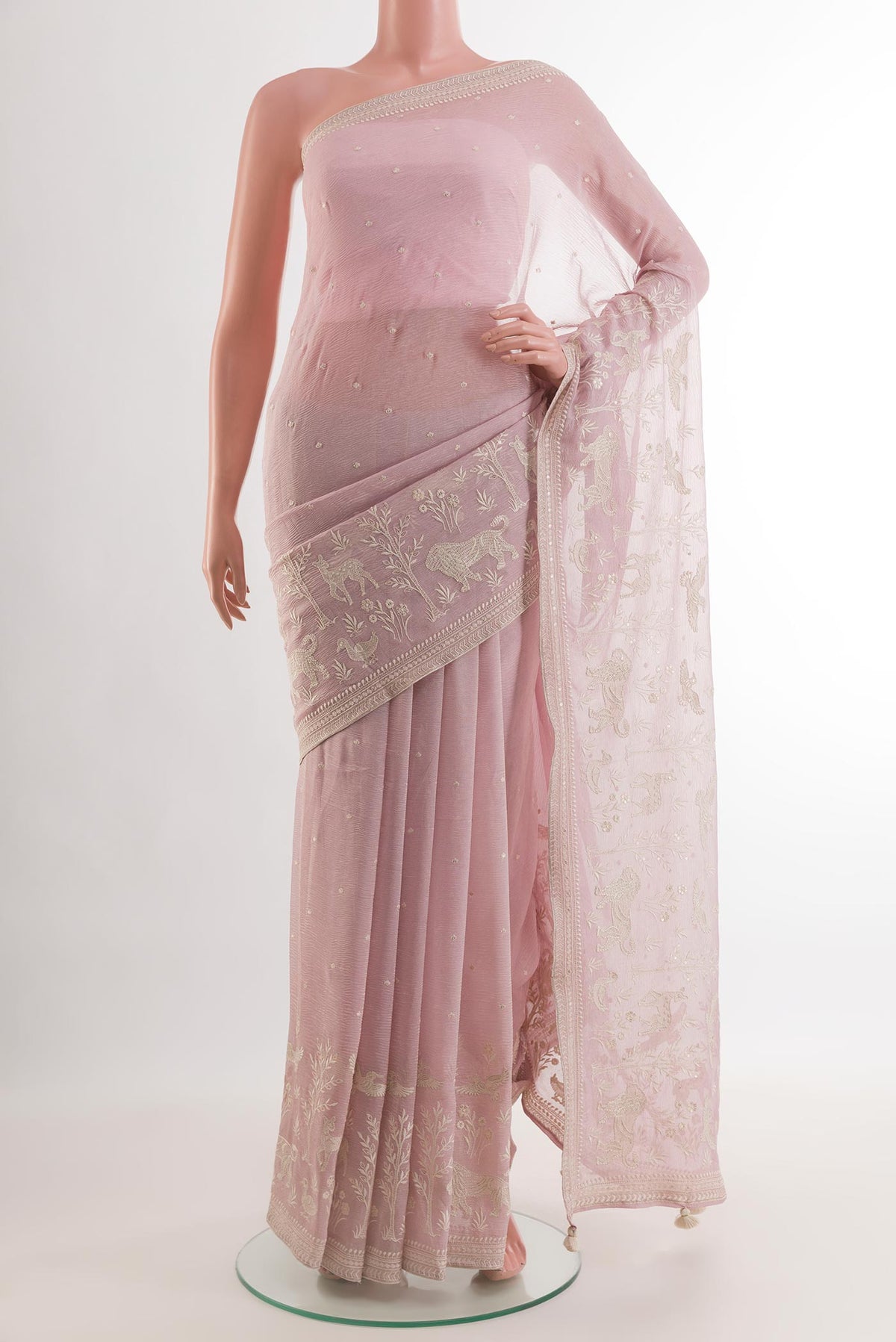 Pink Mysore Georgette Saree with Embroidery on the body and Zari Border.  displayed on a mannequin