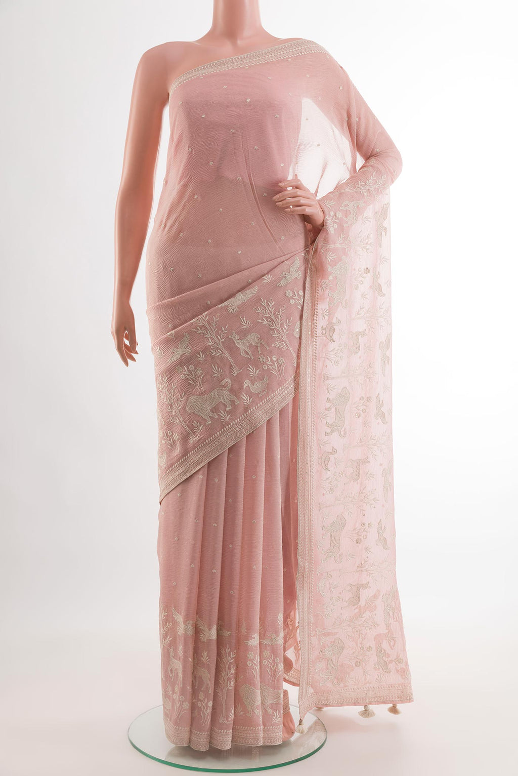 Pink Mysore Chiffon Saree with Embroidery on the body and Embroidery Border.  displayed on a mannequin