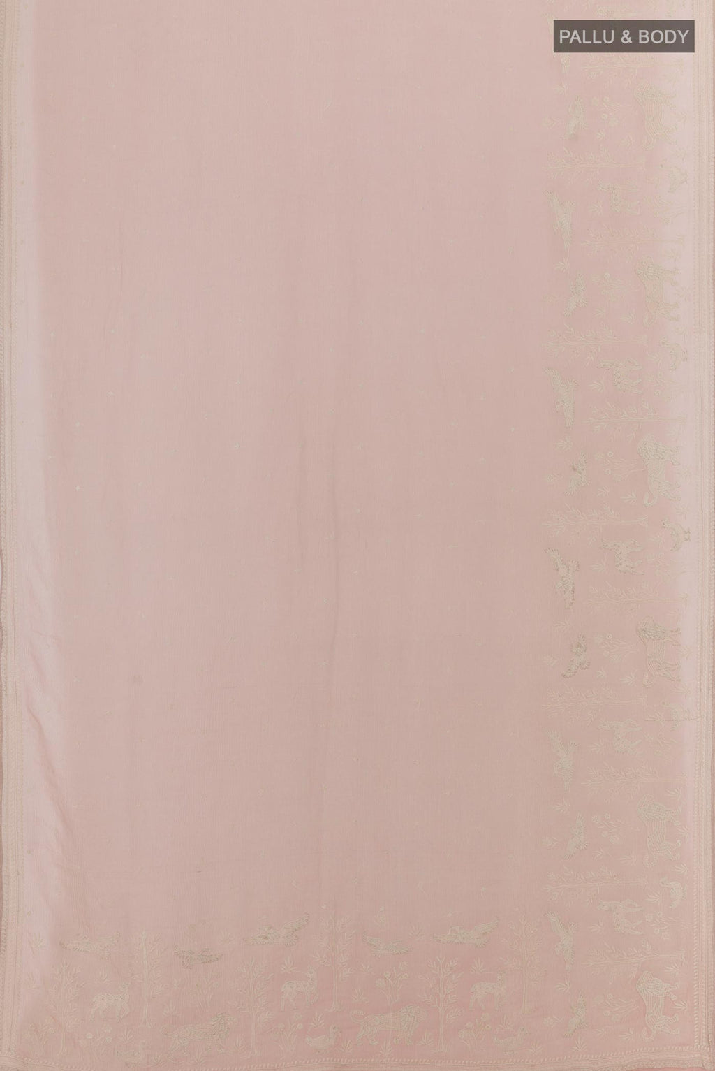 Flat view of Rose Gold Mysore Chiffon Saree with Embroidery on the body and Zari Border. 