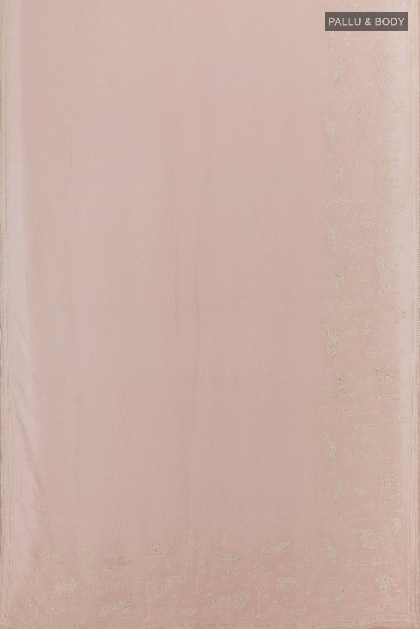 Flat view of Rose Gold Mysore Chiffon Saree with Embroidery on the body and Zari Border. 