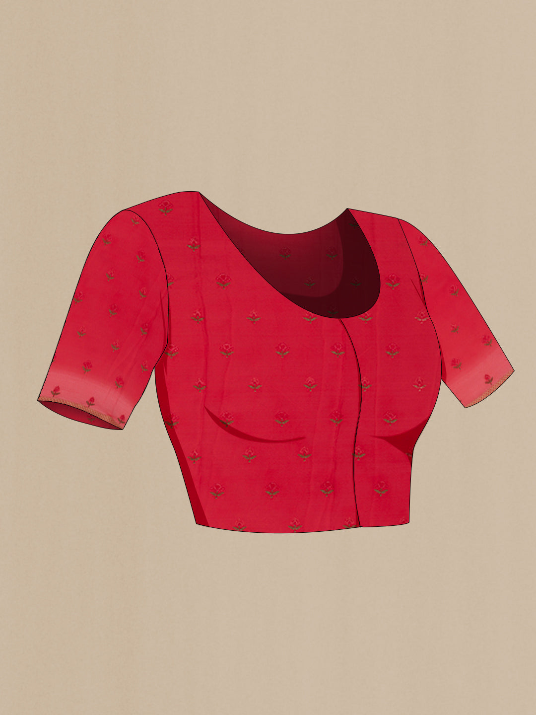 Close up image of the blouse of Red Mysore Crepe Saree with Plain Body and Zari Border. 