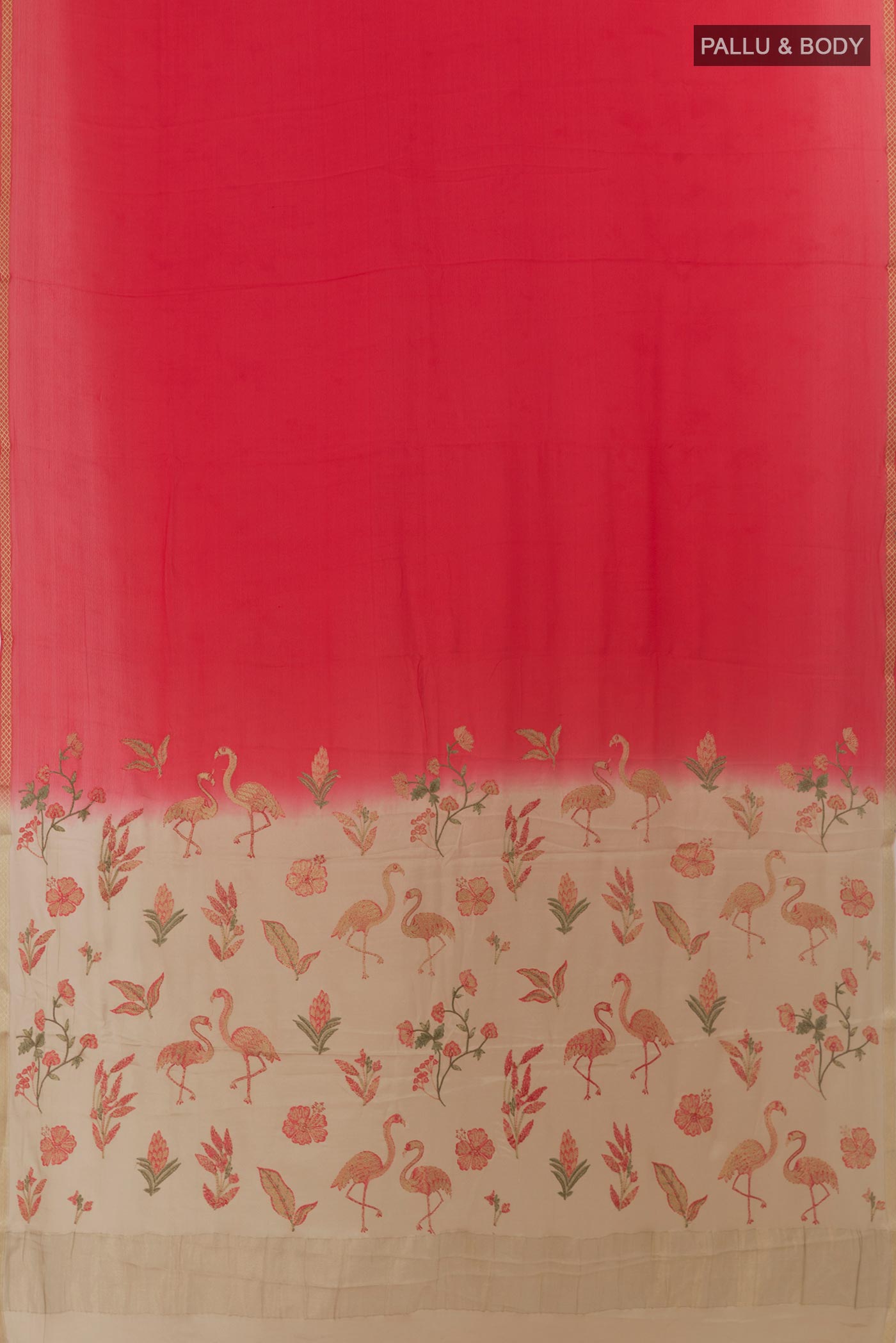 Flat view of Red Mysore Crepe Saree with Plain Body and Zari Border. 