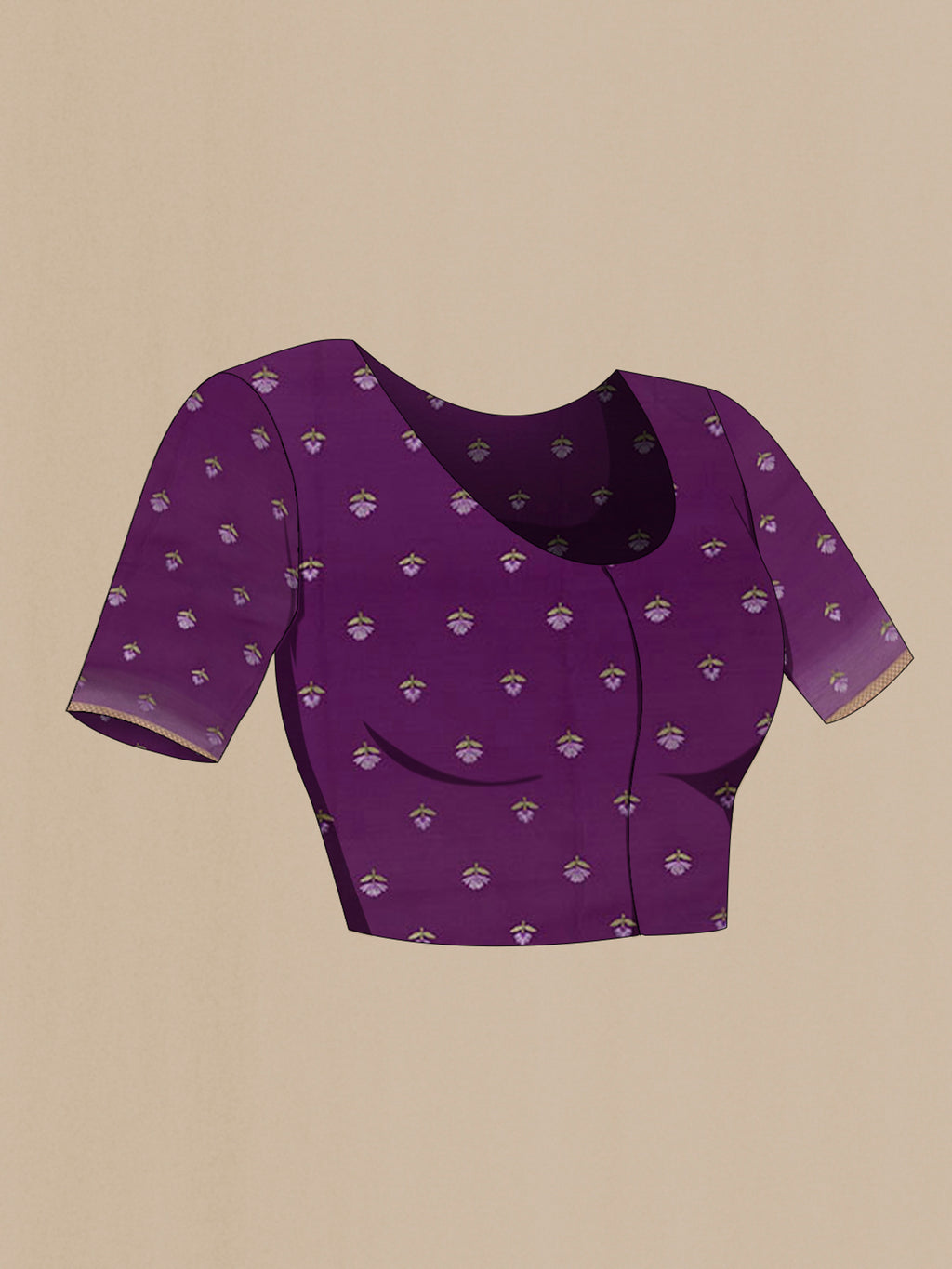 Close up image of the blouse of Violet Mysore Chiffon Saree with Plain Body and Zari Border. 