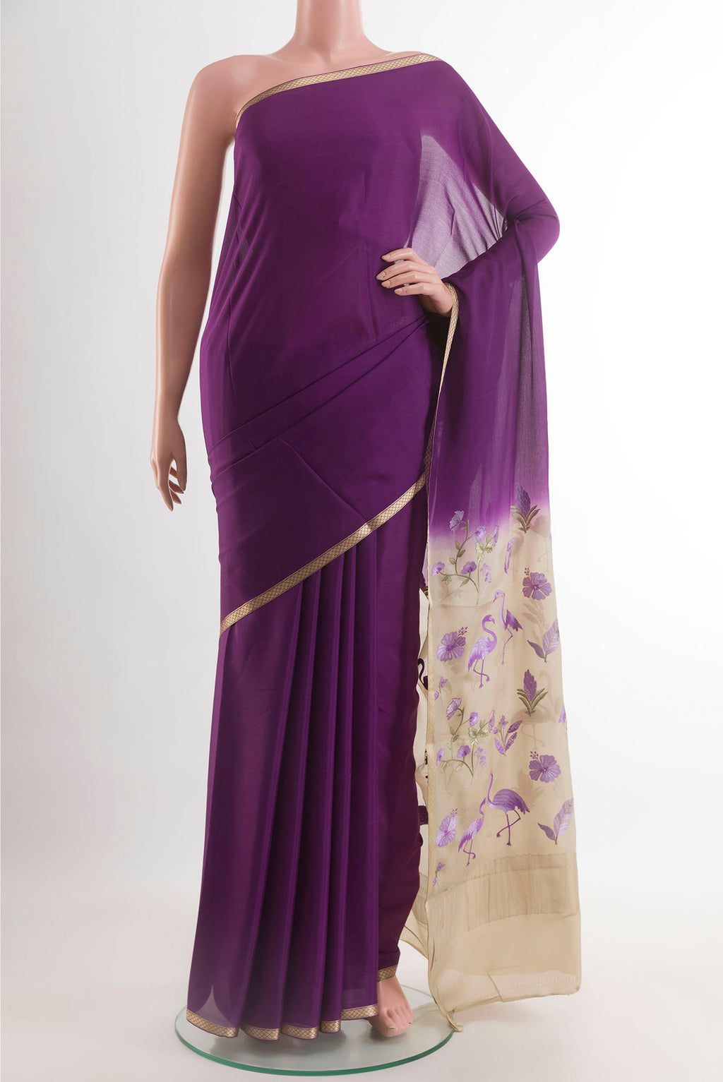 Violet Mysore Chiffon Saree with Plain Body and Zari Border.  displayed on a mannequin