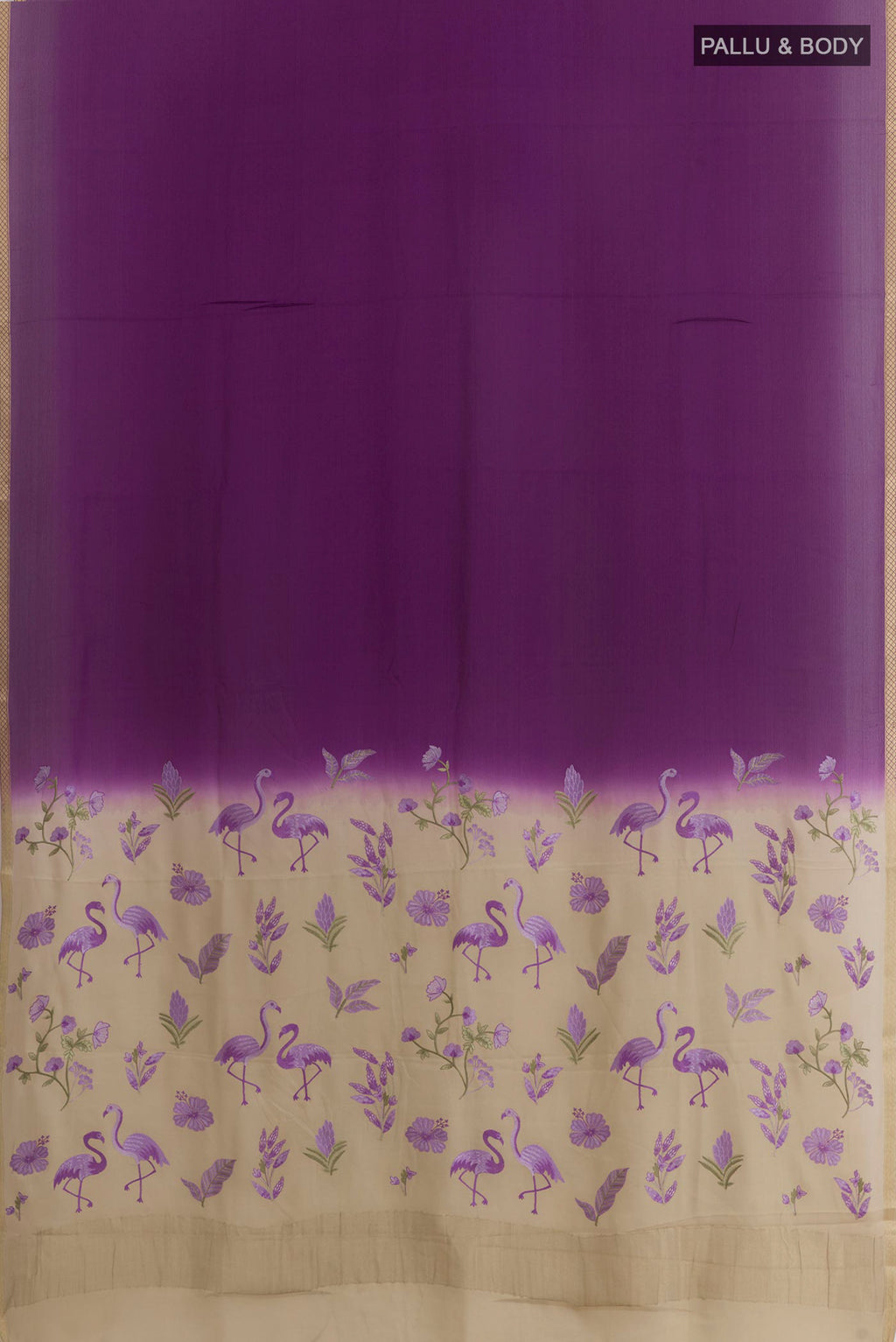 Flat view of Violet Mysore Chiffon Saree with Plain Body and Zari Border. 