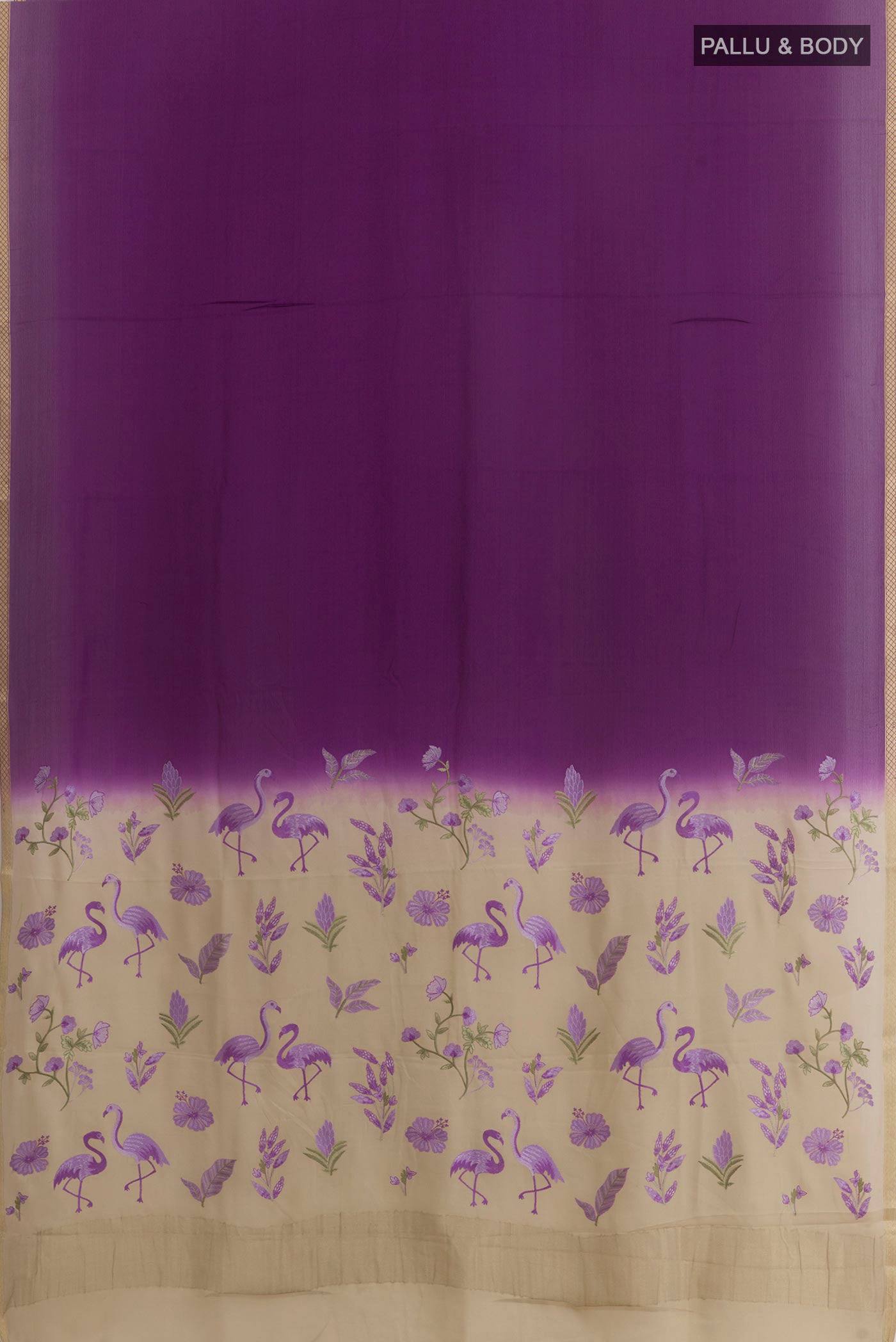 Flat view of Violet Mysore Chiffon Saree with Plain Body and Zari Border. 