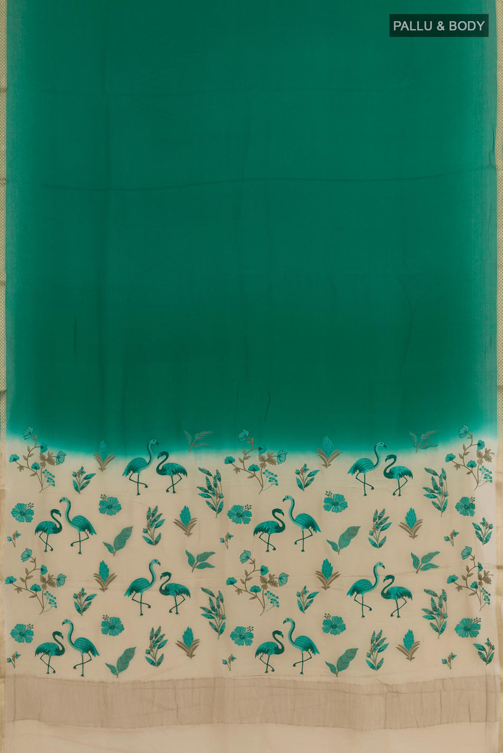 Flat view of Green Mysore Crepe Saree with Plain Body and Zari Border. 