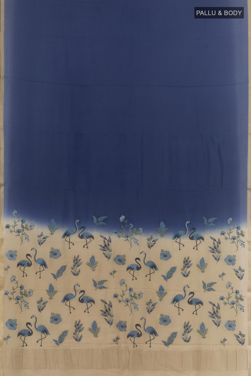 Flat view of Blue Mysore Crepe Saree with Plain Body and Zari Border. 