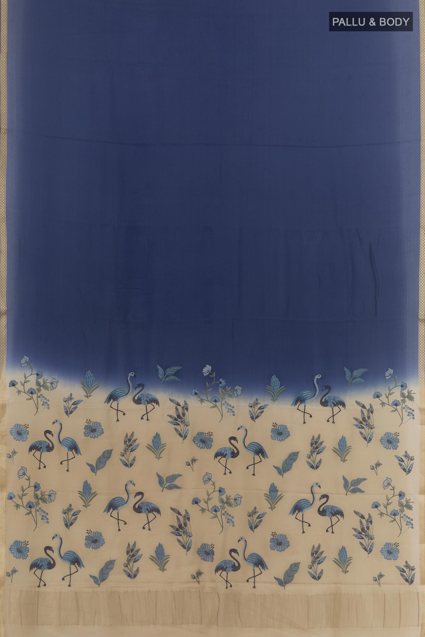 Flat view of Blue Mysore Crepe Saree with Plain Body and Zari Border. 