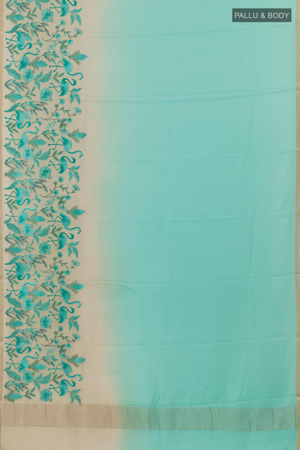 Flat view of Sky Blue Mysore Crepe Saree with Plain Body and Zari Border. 