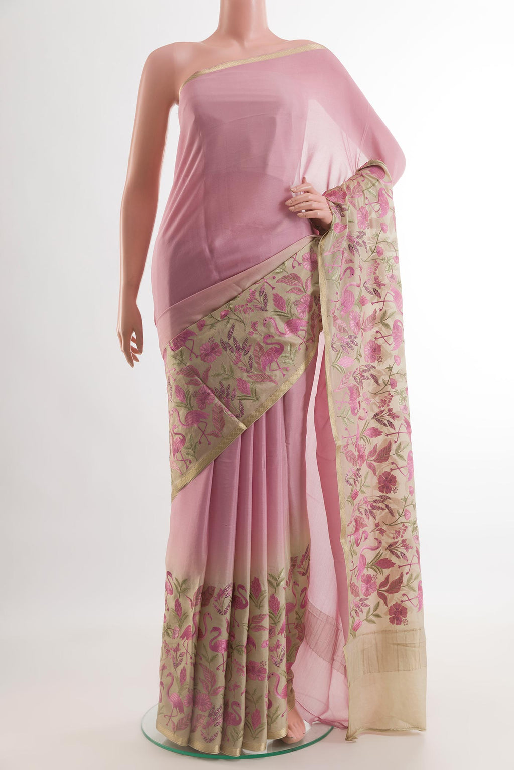 Lavender Mysore Crepe Saree with Plain Body and Zari Border.  displayed on a mannequin