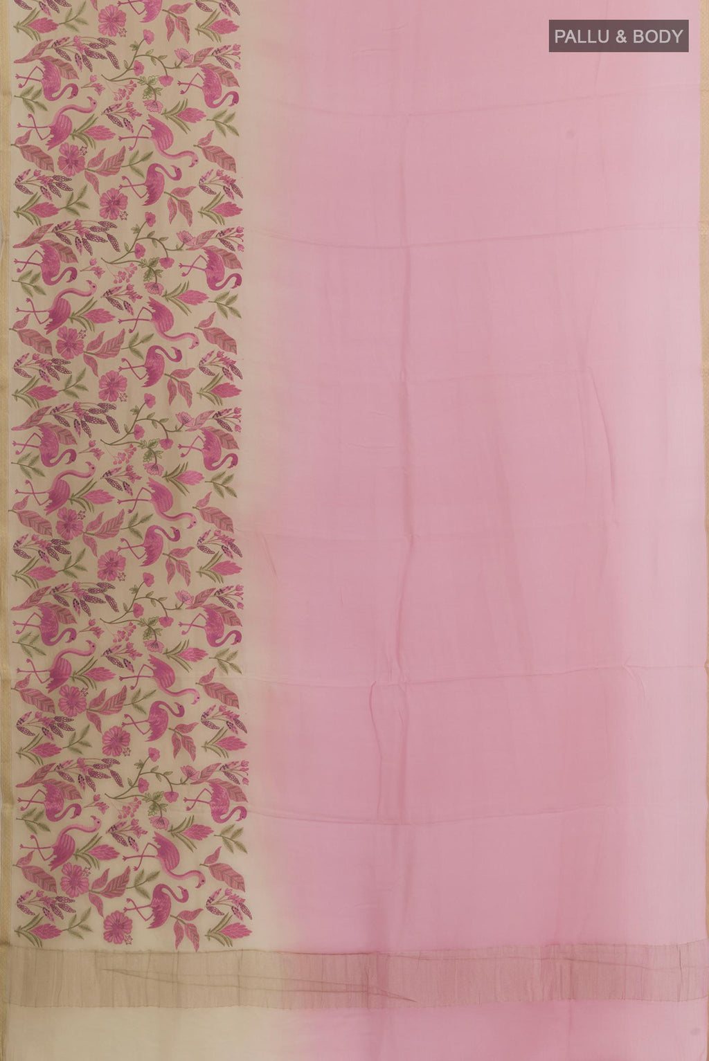 Flat view of Lavender Mysore Crepe Saree with Plain Body and Zari Border. 