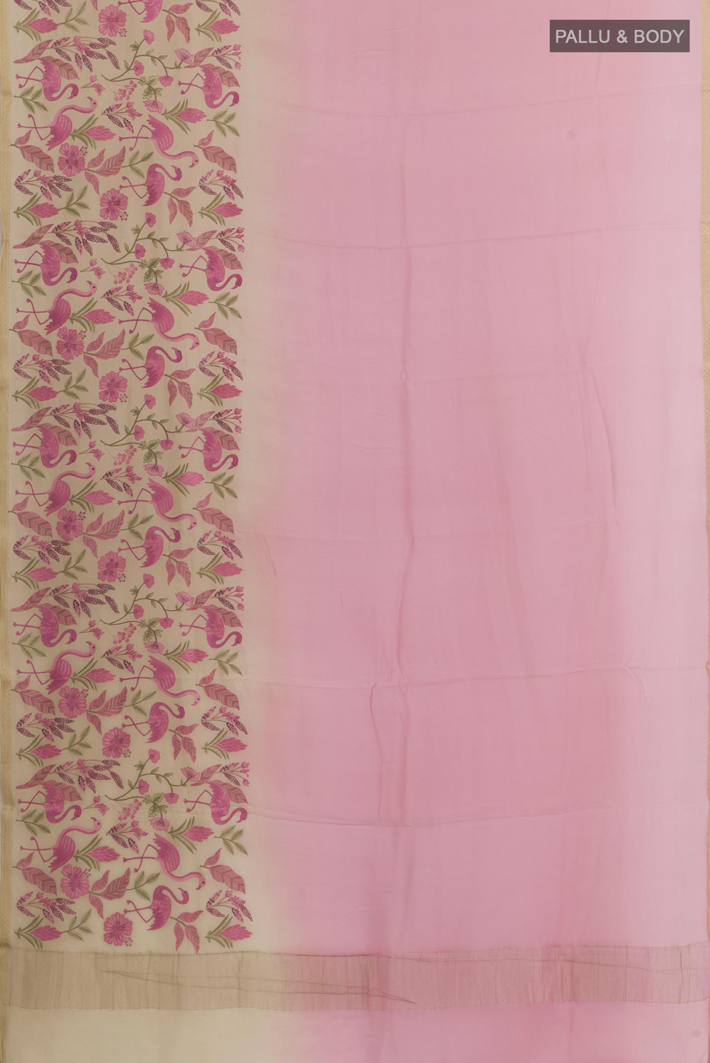 Flat view of Lavender Mysore Crepe Saree with Plain Body and Zari Border. 