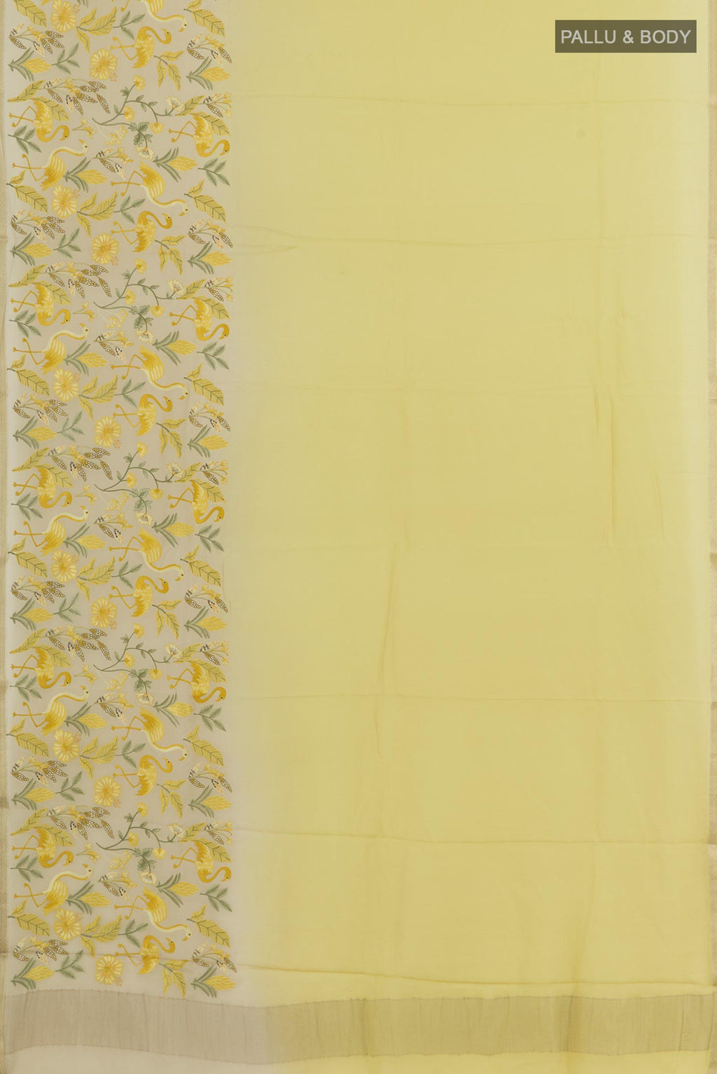 Flat view of Lemon Yellow Mysore Crepe Saree with Plain Body and Zari Border. 