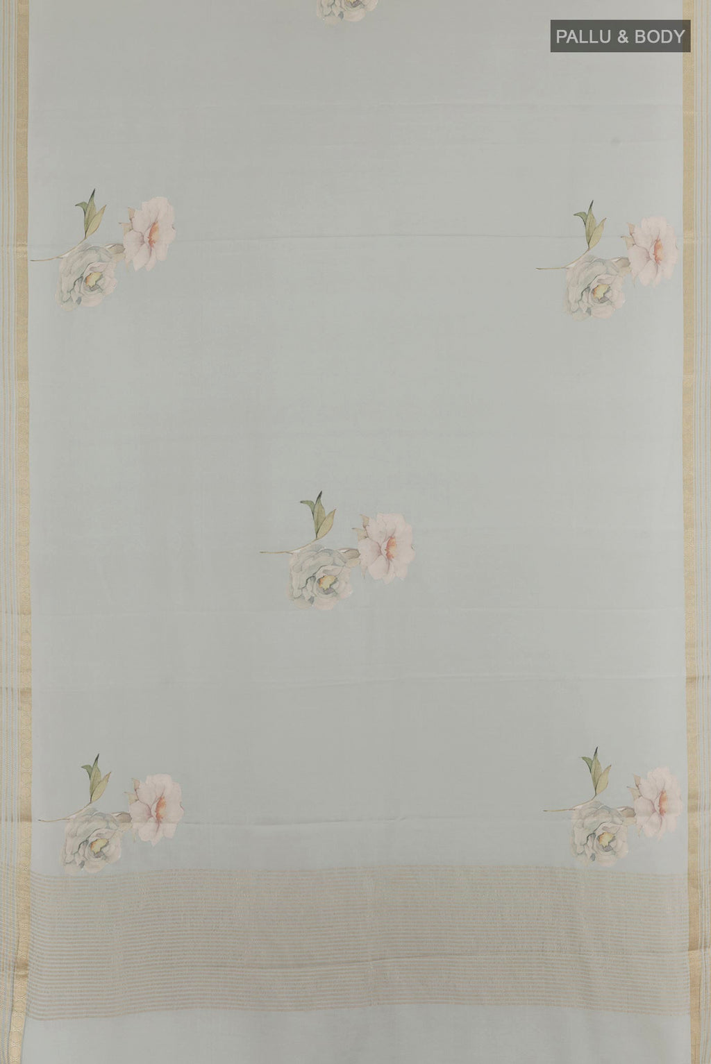 Flat view of Grey Mysore Crepe Saree with Floral Print on the body and Zari Border. 