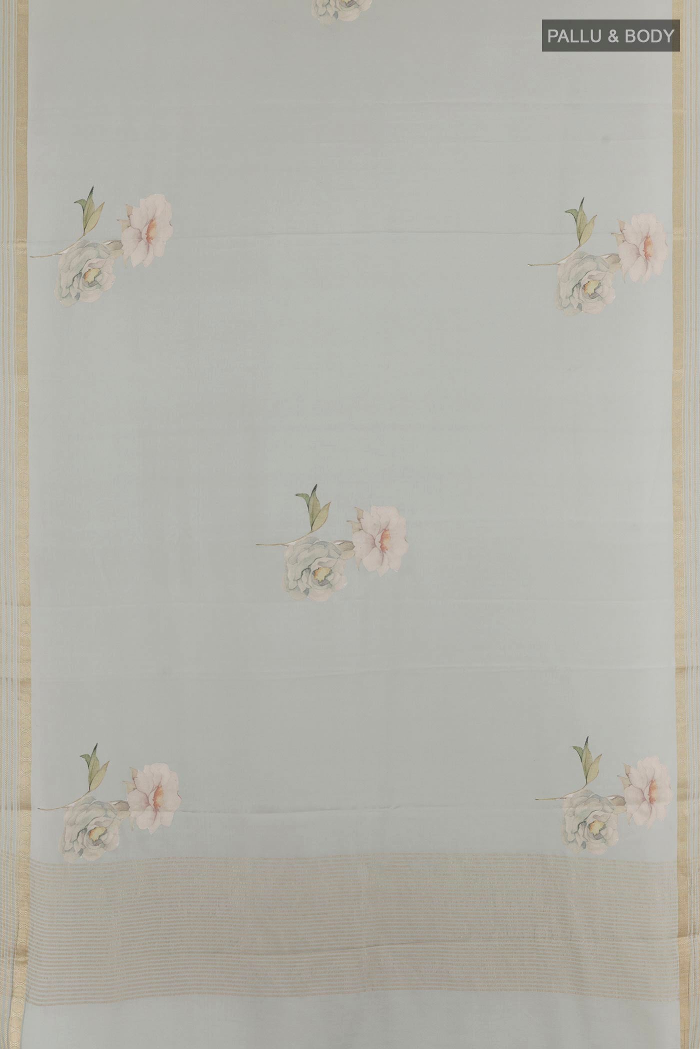 Flat view of Grey Mysore Crepe Saree with Floral Print on the body and Zari Border. 