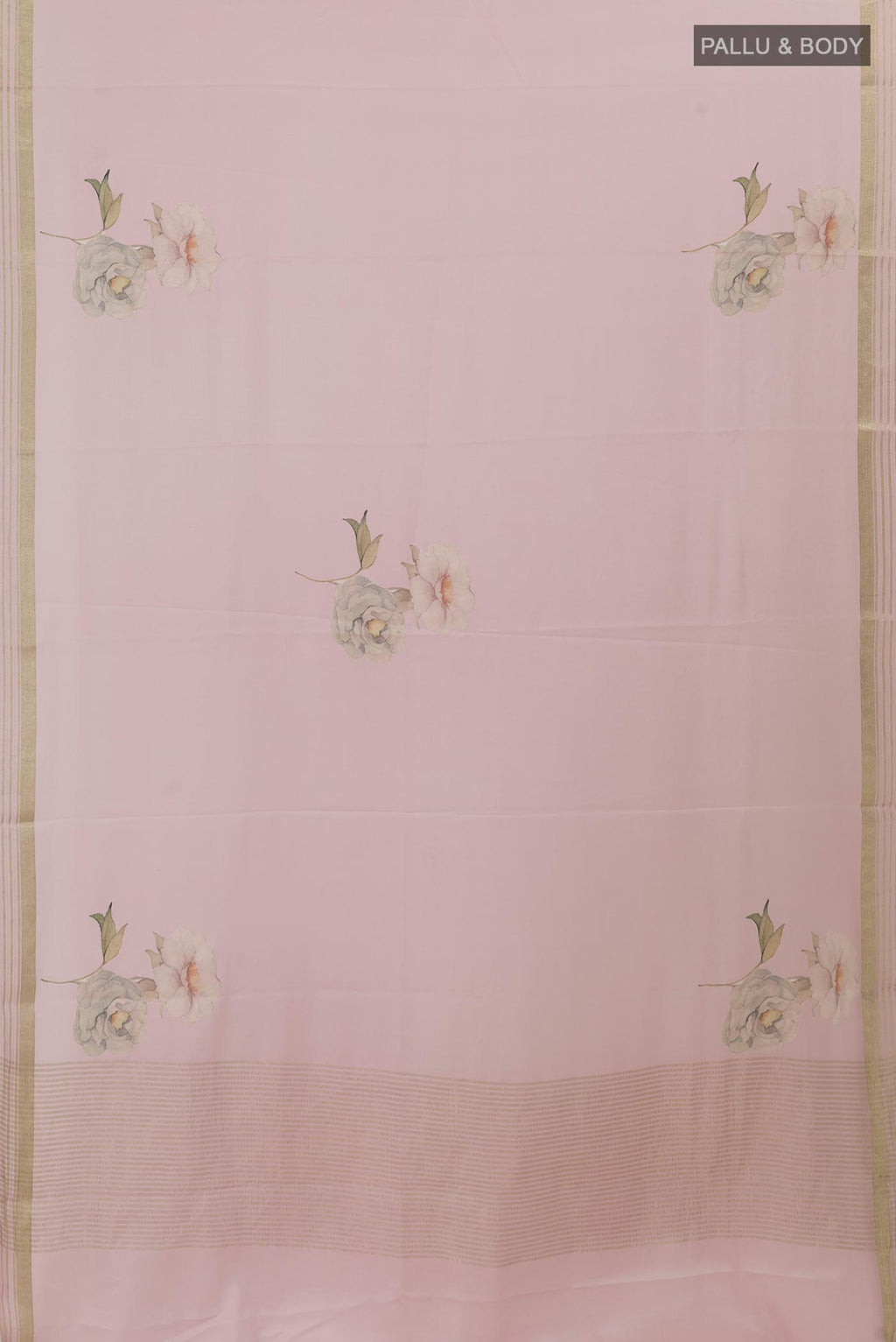 Flat view of Rose pink Mysore Crepe Saree with Floral Print on the body and Zari Border. 