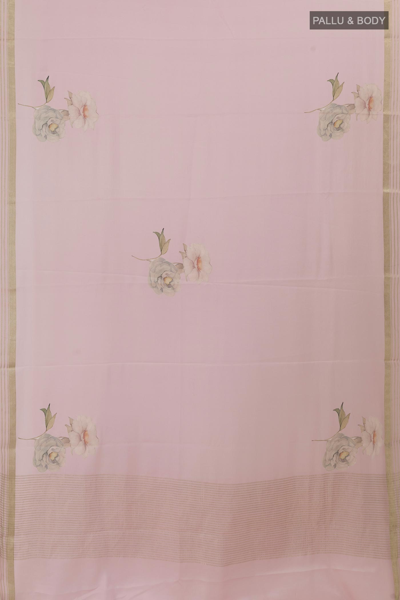 Flat view of Rose pink Mysore Crepe Saree with Floral Print on the body and Zari Border. 