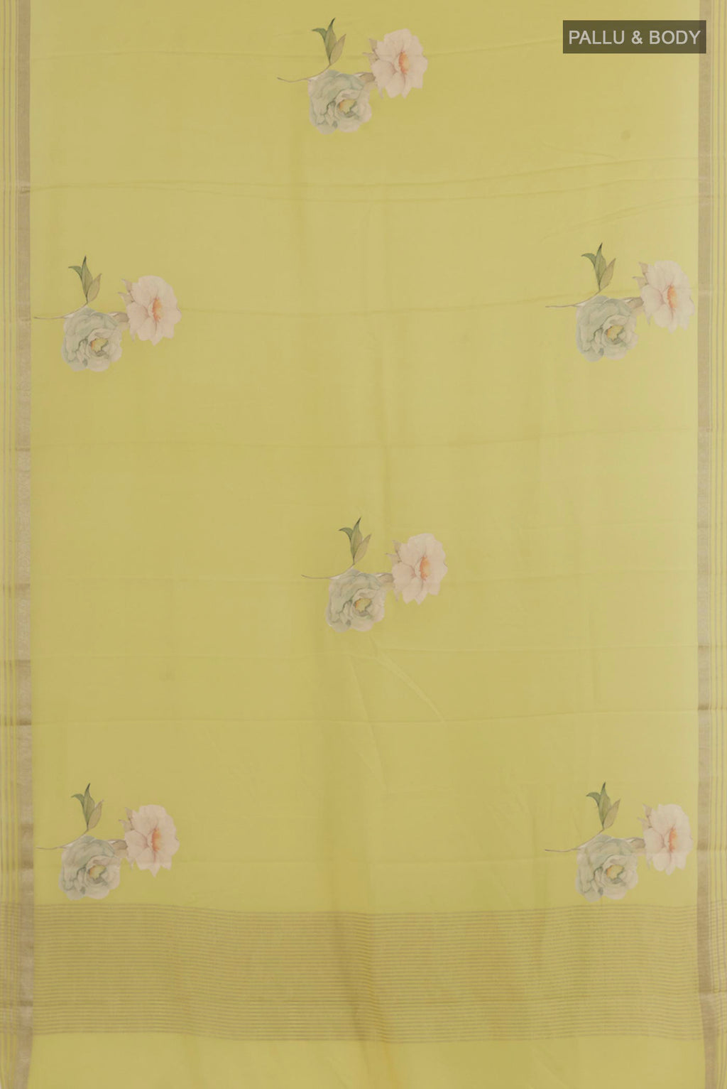 Flat view of Lemon Yellow Mysore Crepe Saree with Floral Print on the body and Zari Border. 