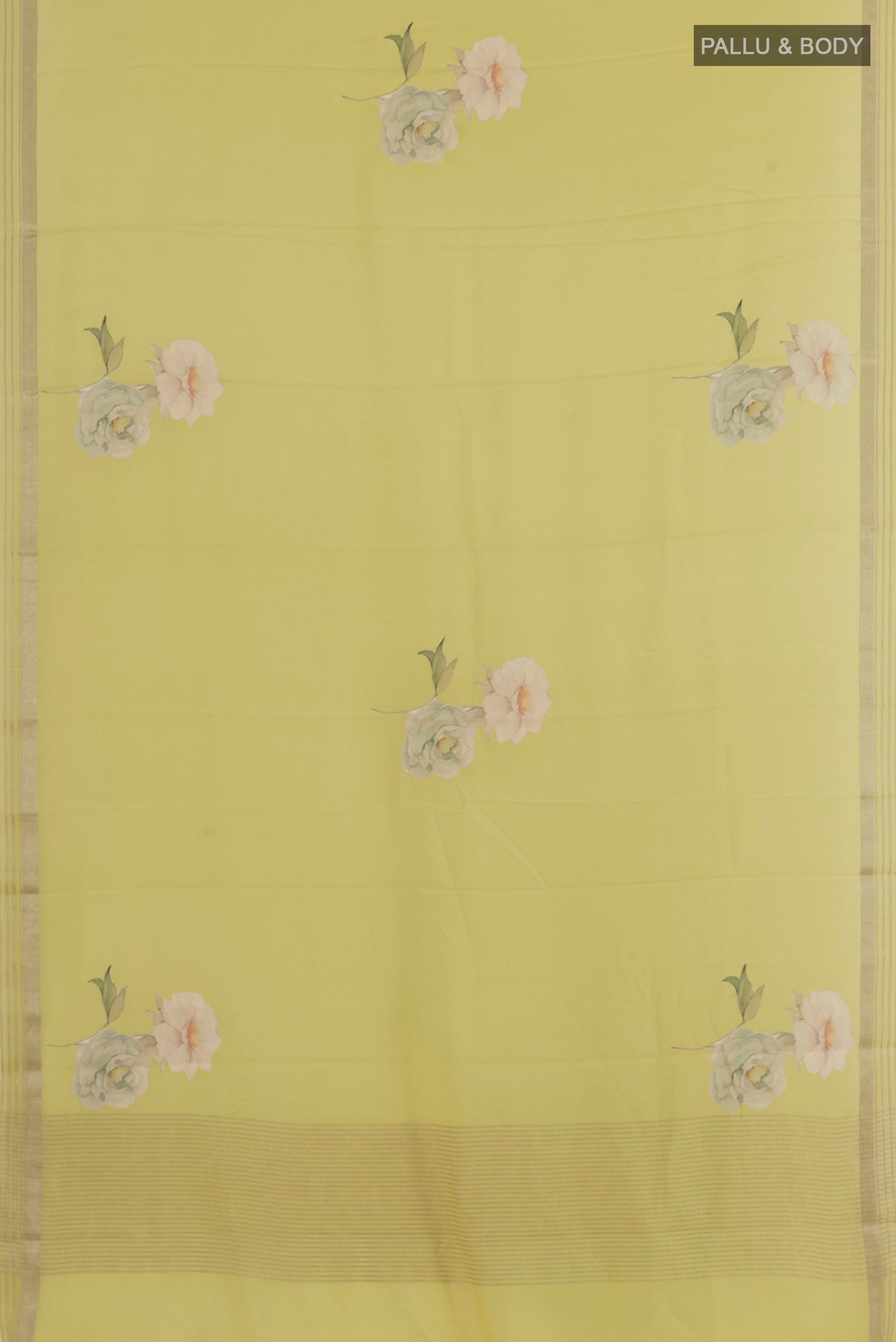 Flat view of Lemon Yellow Mysore Crepe Saree with Floral Print on the body and Zari Border. 