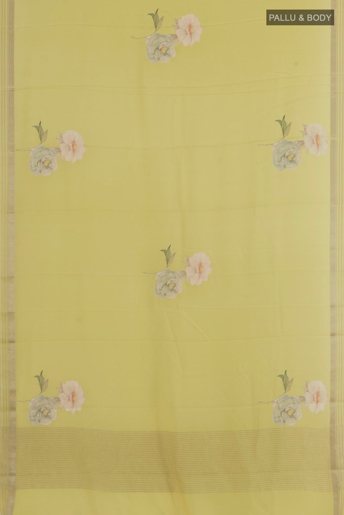 Flat view of Lemon Yellow Mysore Crepe Saree with Floral Print on the body and Zari Border. 