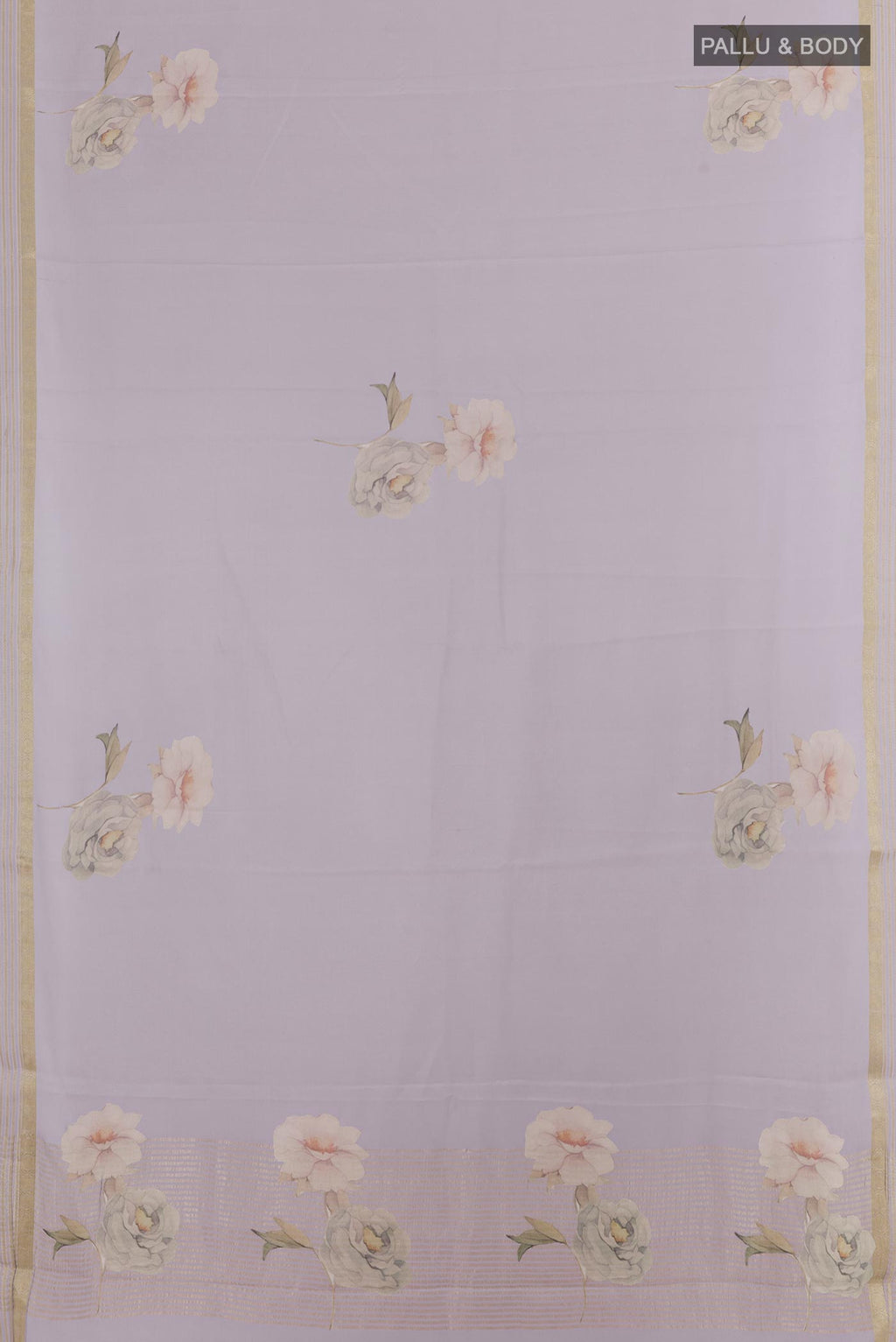 Flat view of Lavender Mysore Crepe Saree with Floral Print on the body and Zari Border. 