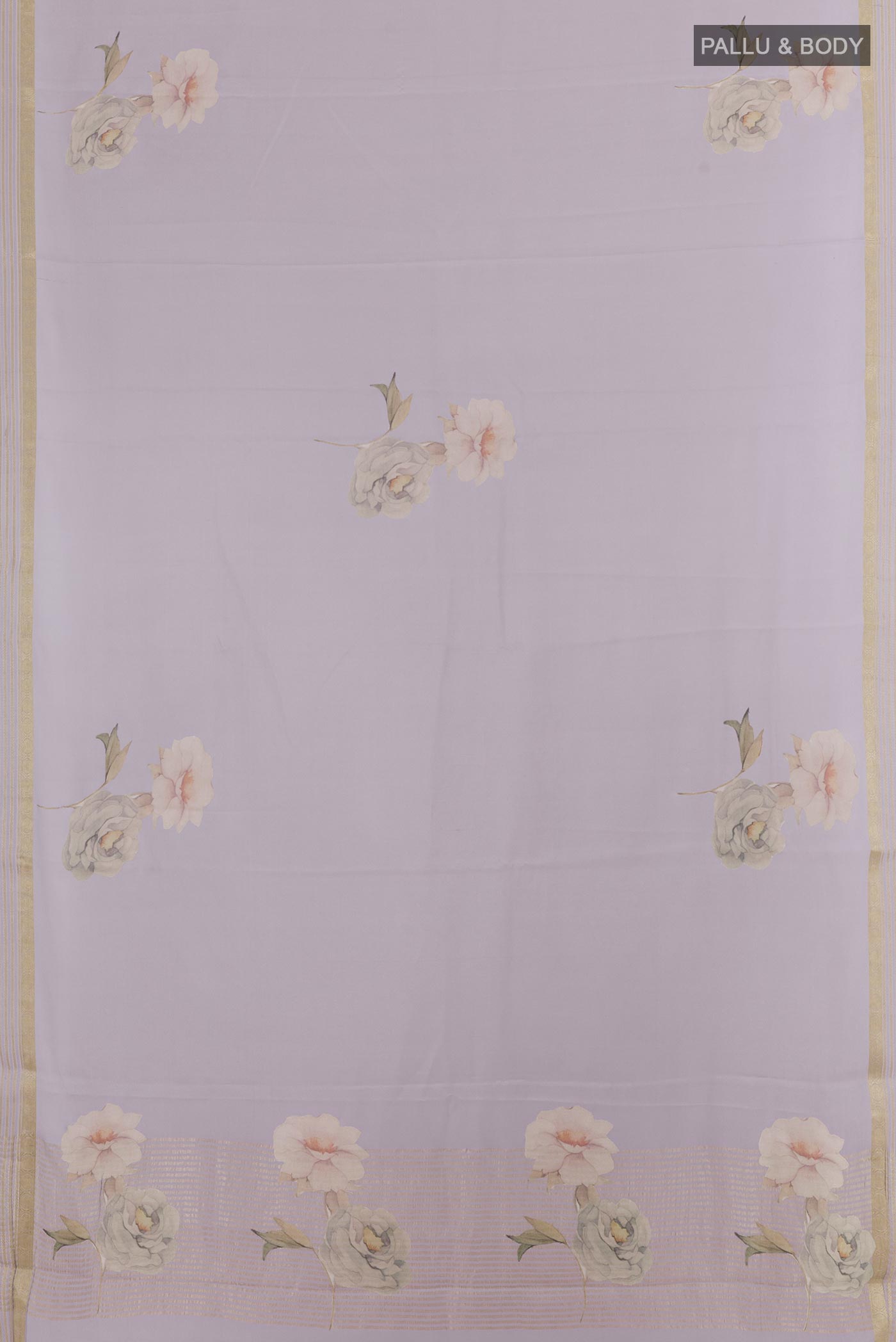 Flat view of Lavender Mysore Crepe Saree with Floral Print on the body and Zari Border. 