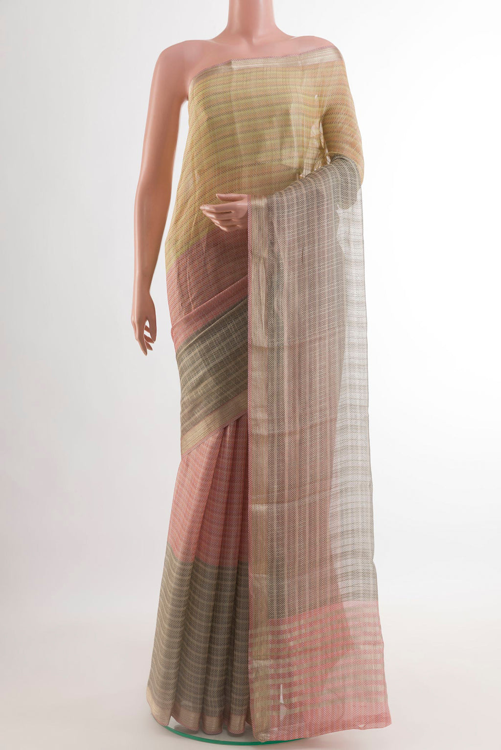 Multi Color Mysore Georgette Saree with Printed design on the body and Zari Border.  displayed on a mannequin