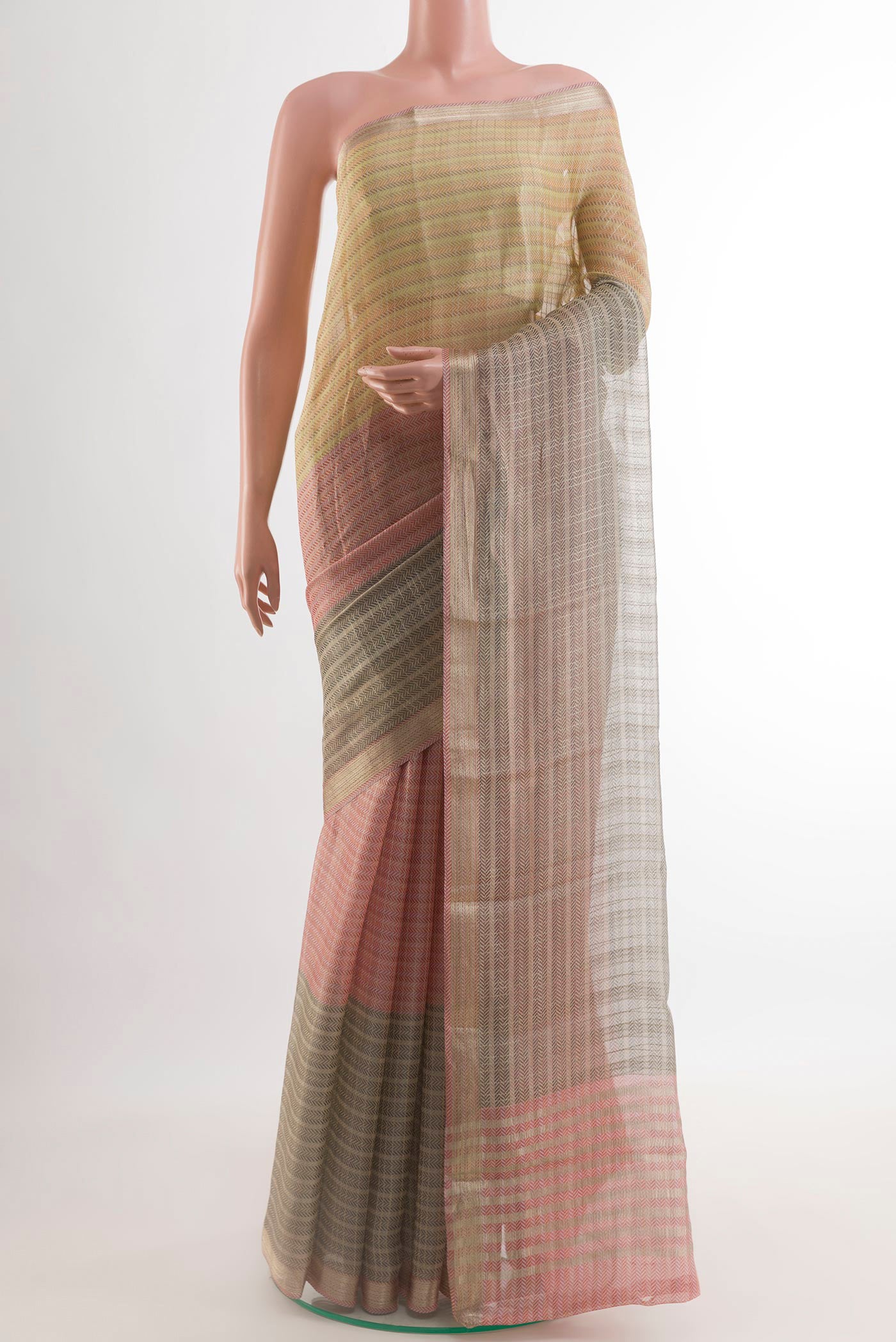 Multi Color Mysore Georgette Saree with Printed design on the body and Zari Border.  displayed on a mannequin