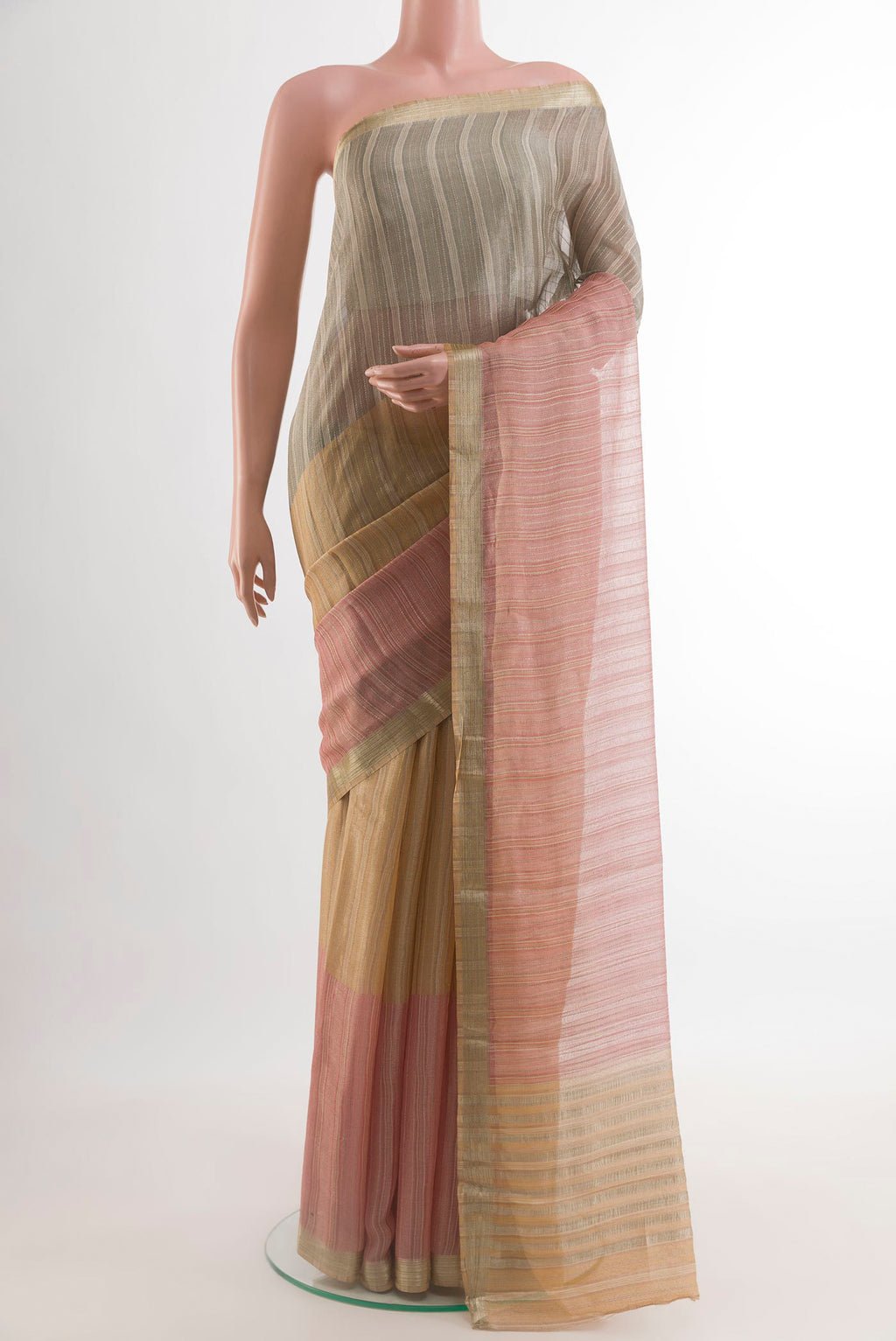 Multi Color Mysore Georgette Saree with Stripes on the body and Zari Border.  displayed on a mannequin