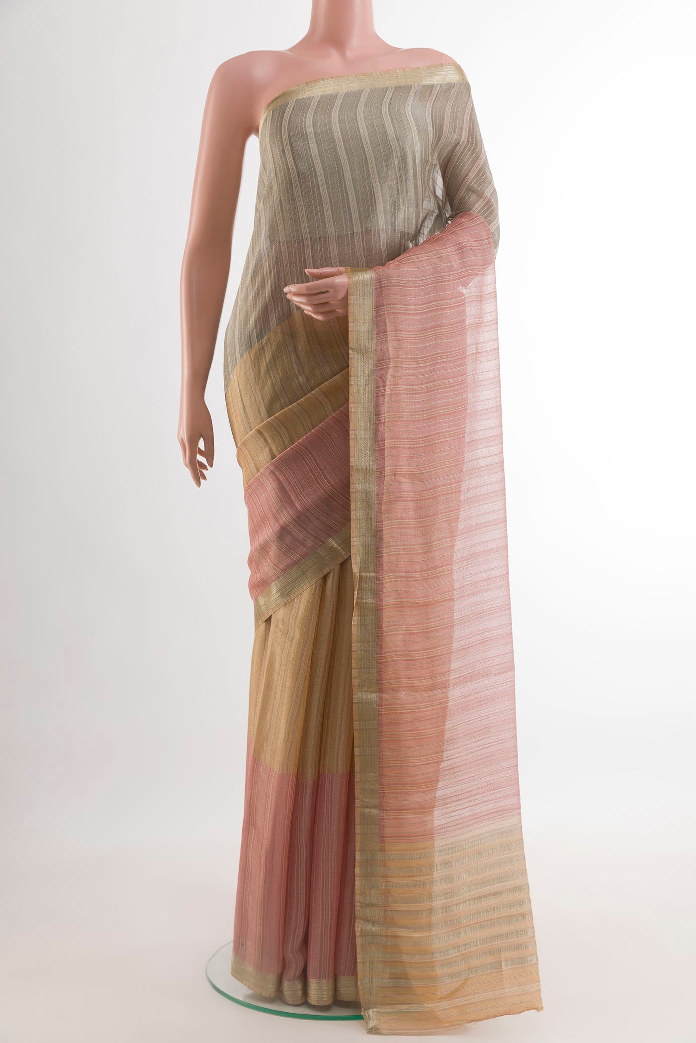 Multi Color Mysore Georgette Saree with Stripes on the body and Zari Border.  displayed on a mannequin
