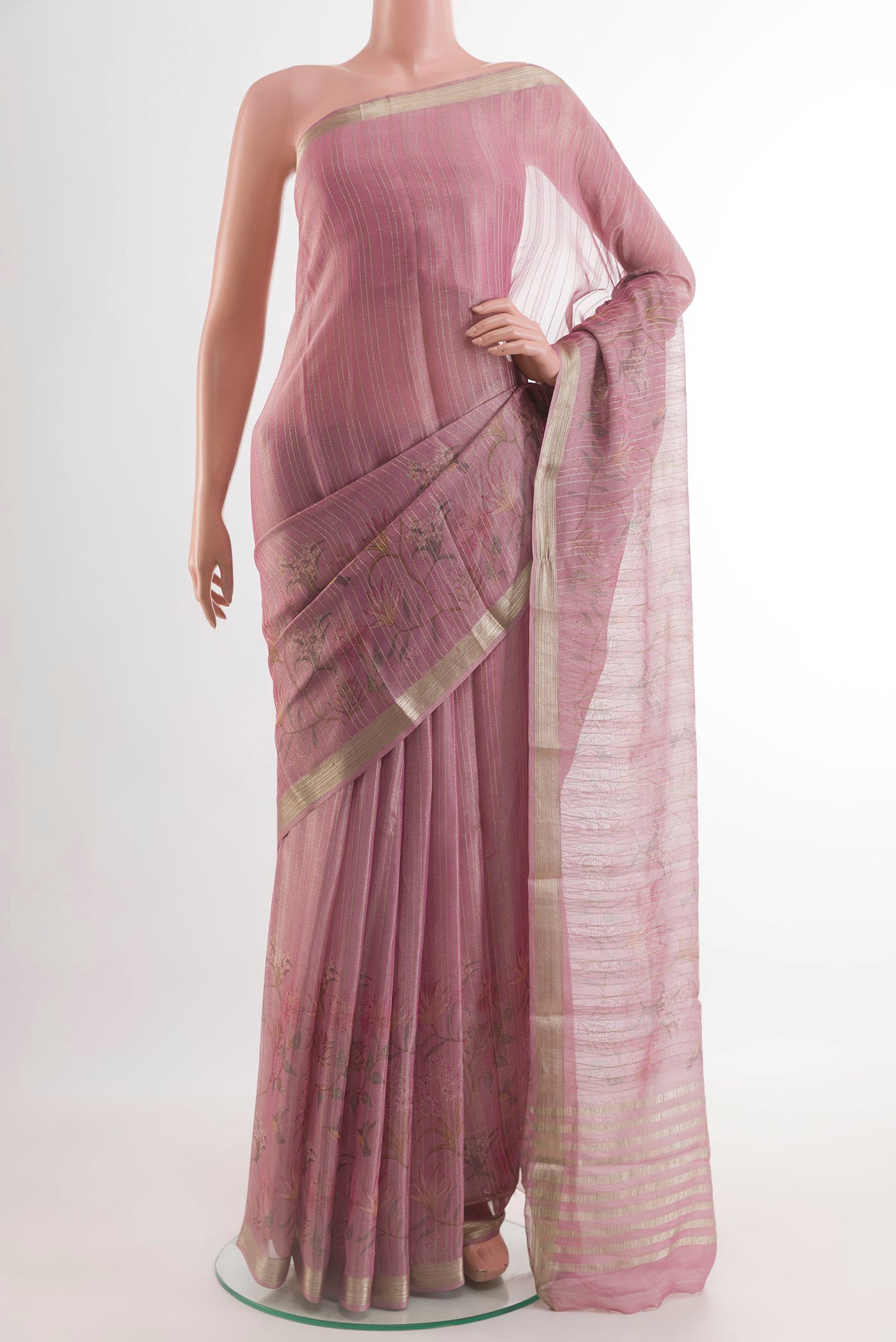 Lavender Mysore Georgette Saree with Stripes on the body and Zari Border.  displayed on a mannequin