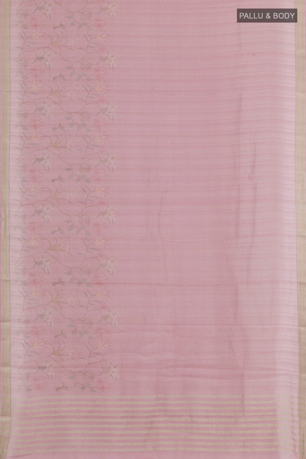 Flat view of Lavender Mysore Georgette Saree with Stripes on the body and Zari Border. 