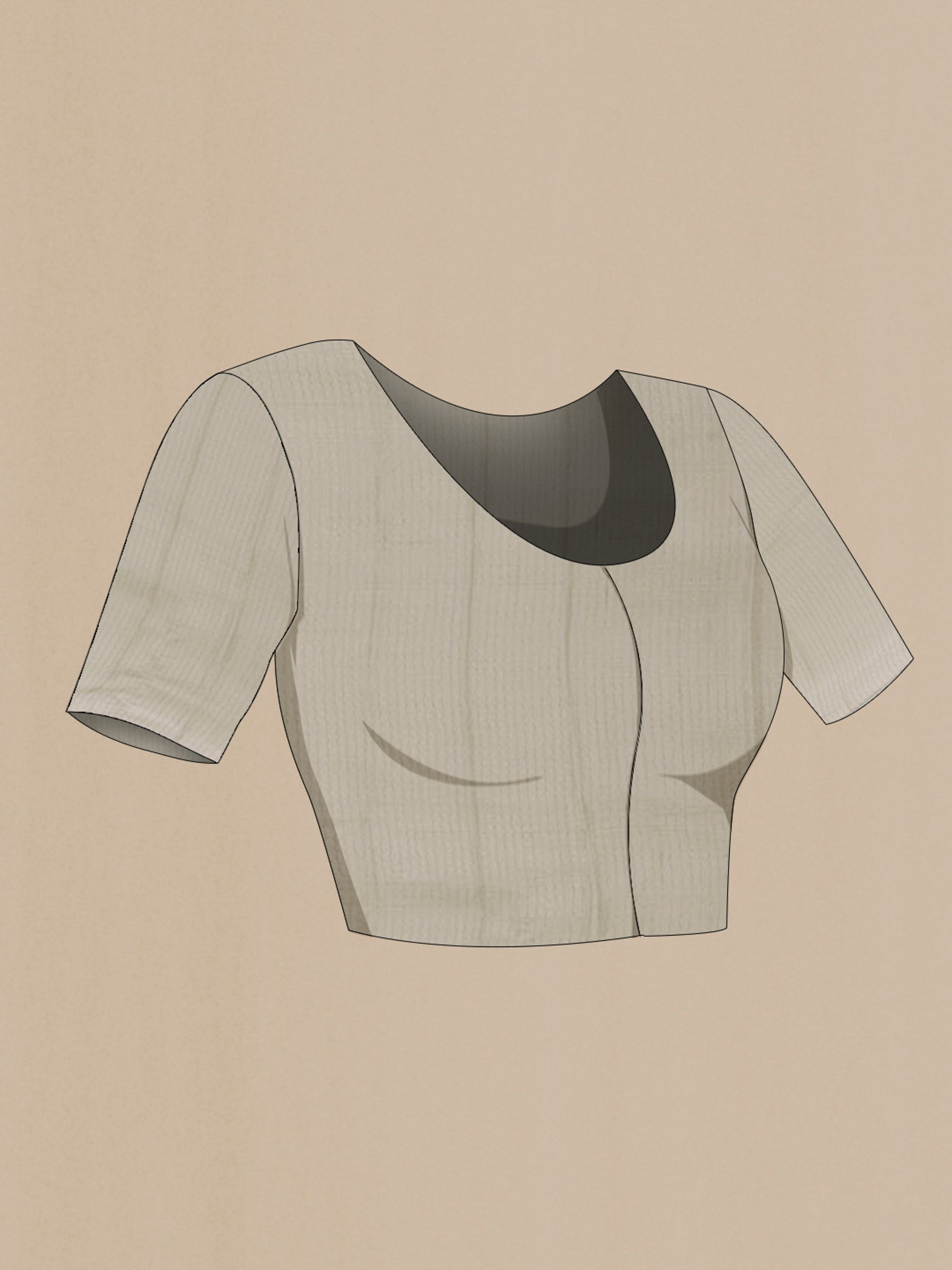 Close up image of the blouse of Grey Mysore Georgette Saree with Stripes on the body and Zari Border. 