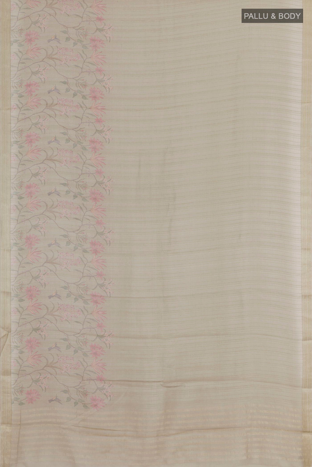 Flat view of Grey Mysore Georgette Saree with Stripes on the body and Zari Border. 