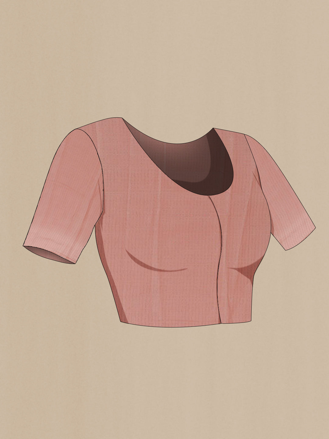 Close up image of the blouse of Rose Gold Mysore Georgette Saree with Stripes on the body and Zari Border. 