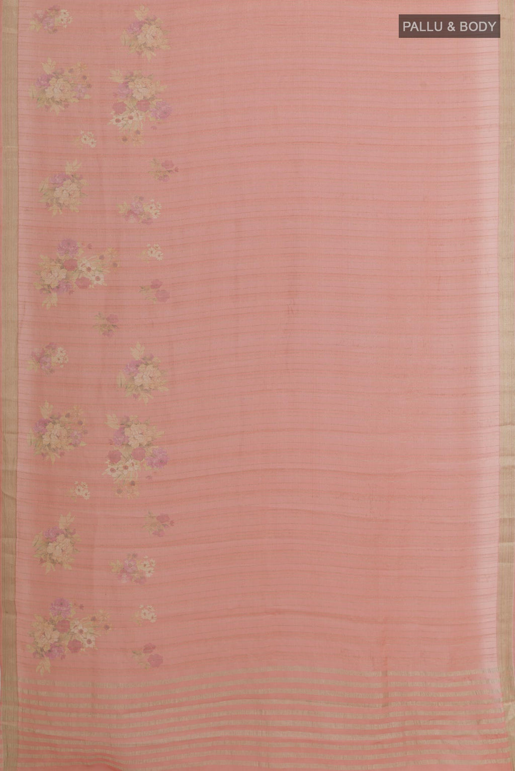 Flat view of Rose Gold Mysore Georgette Saree with Stripes on the body and Zari Border. 