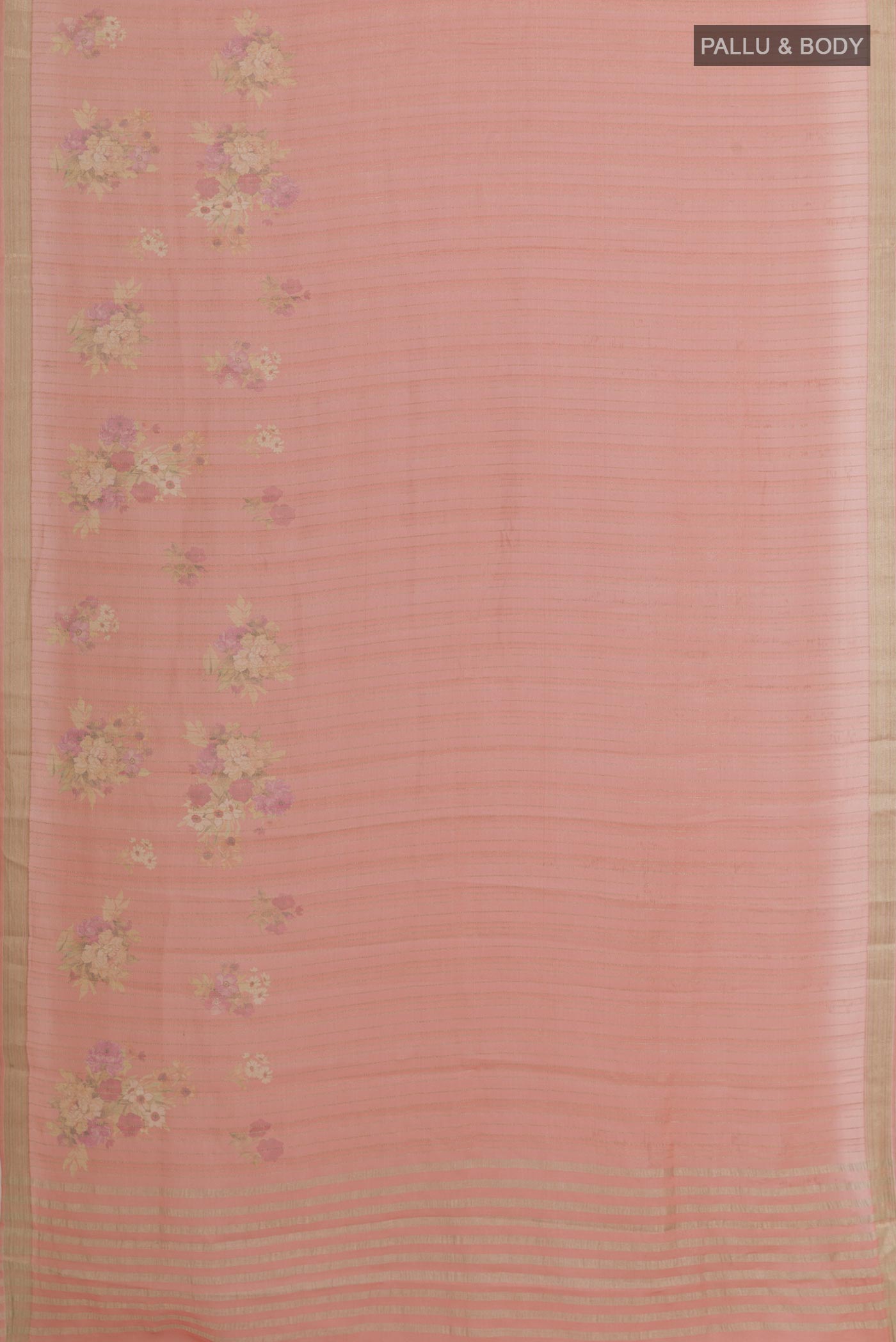 Flat view of Rose Gold Mysore Georgette Saree with Stripes on the body and Zari Border. 