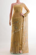 Sandal Mysore Georgette Saree with Stripes on the body and Embroidery Border.  displayed on a mannequin