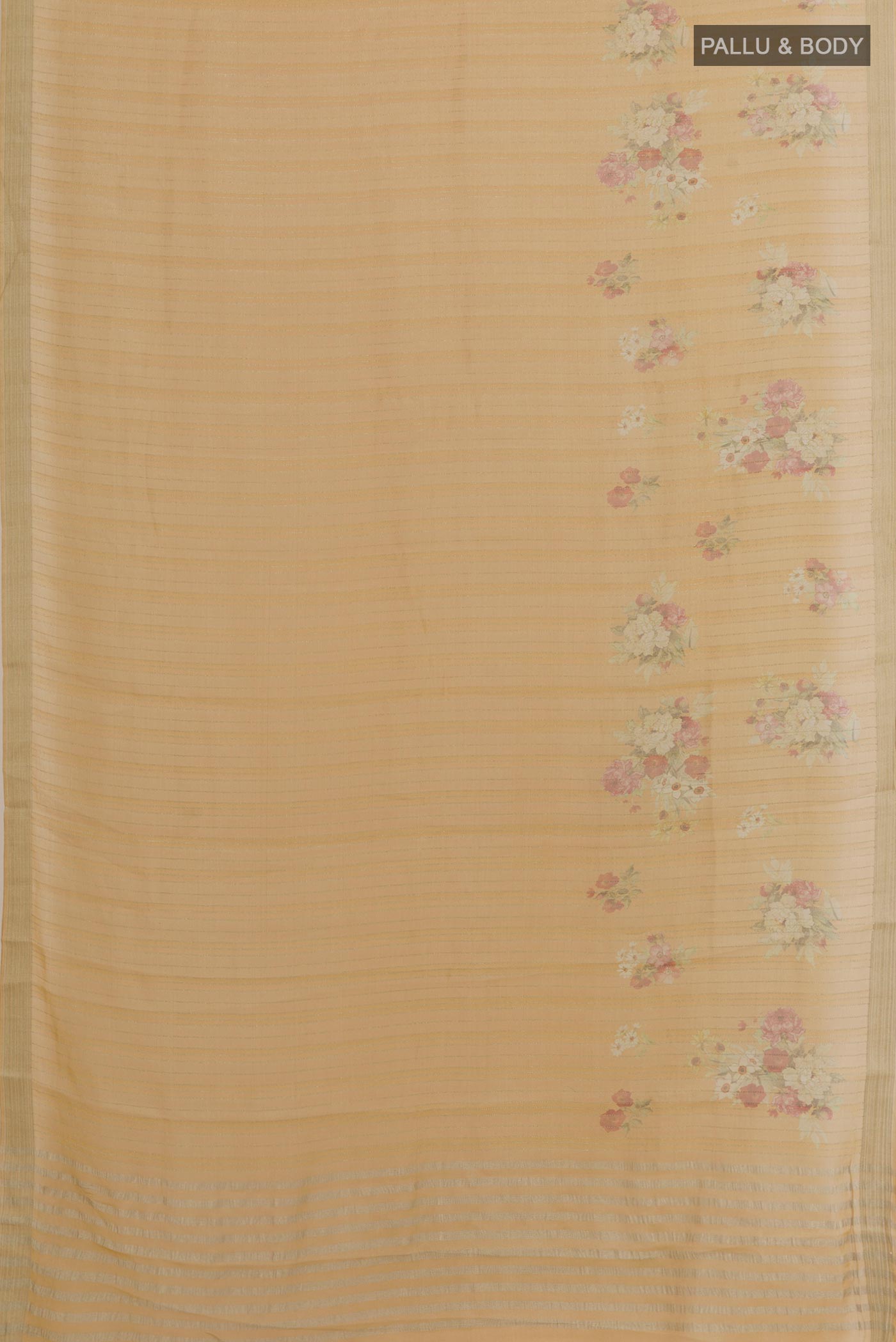 Flat view of Sandal Mysore Georgette Saree with Stripes on the body and Embroidery Border. 