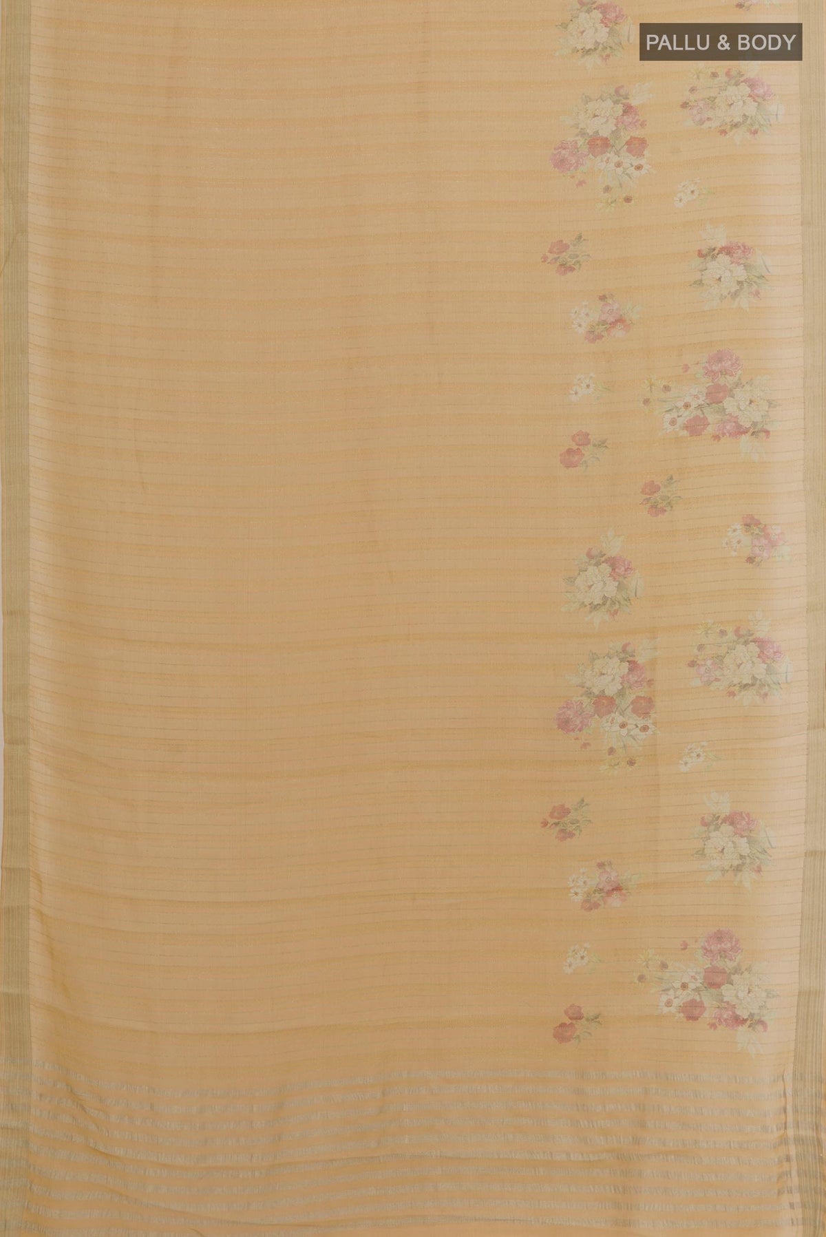 Flat view of Sandal Mysore Georgette Saree with Stripes on the body and Embroidery Border. 