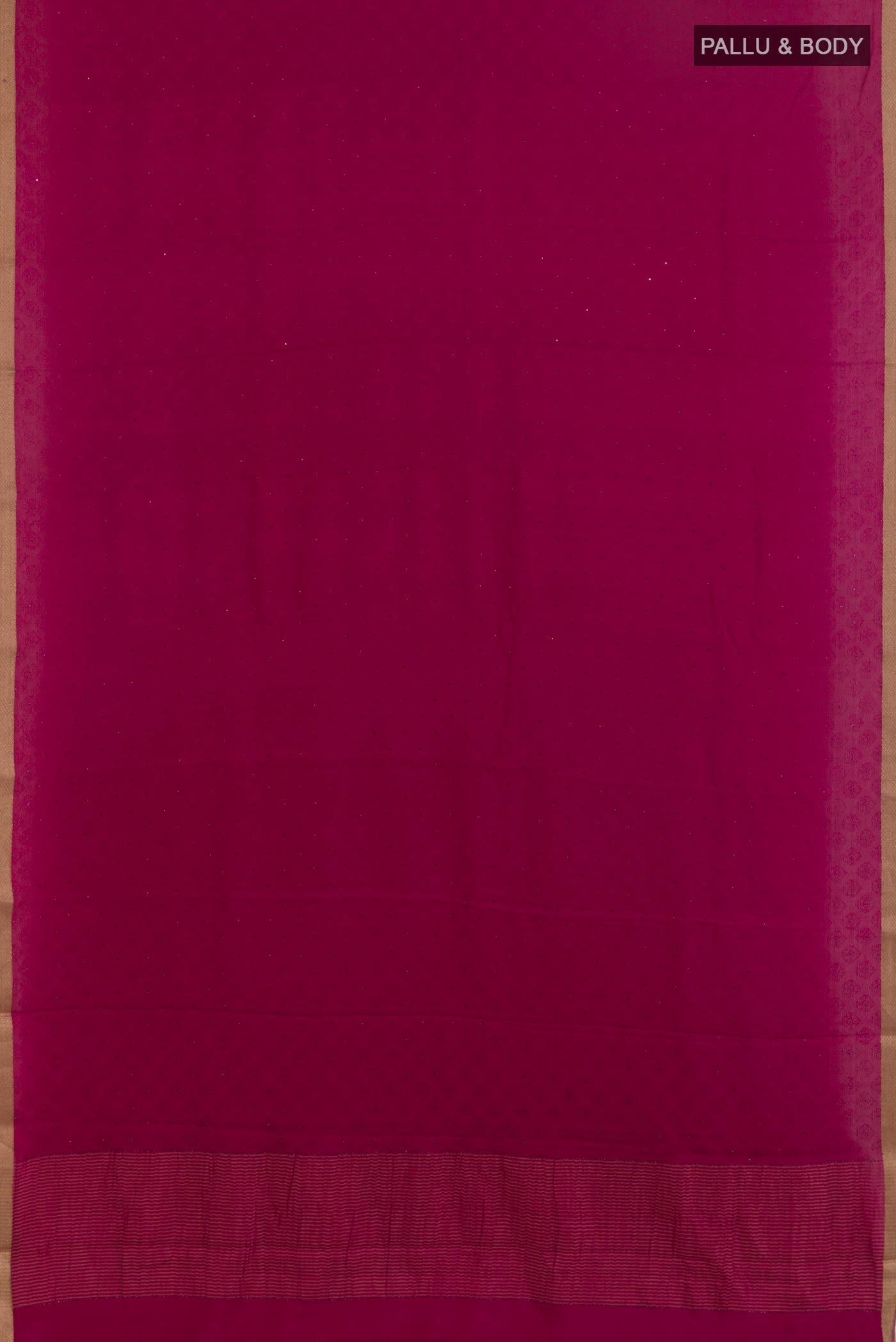 Flat view of Dark Pink Mysore Crepe Saree with Jacquard design on the body and Zari Border. 