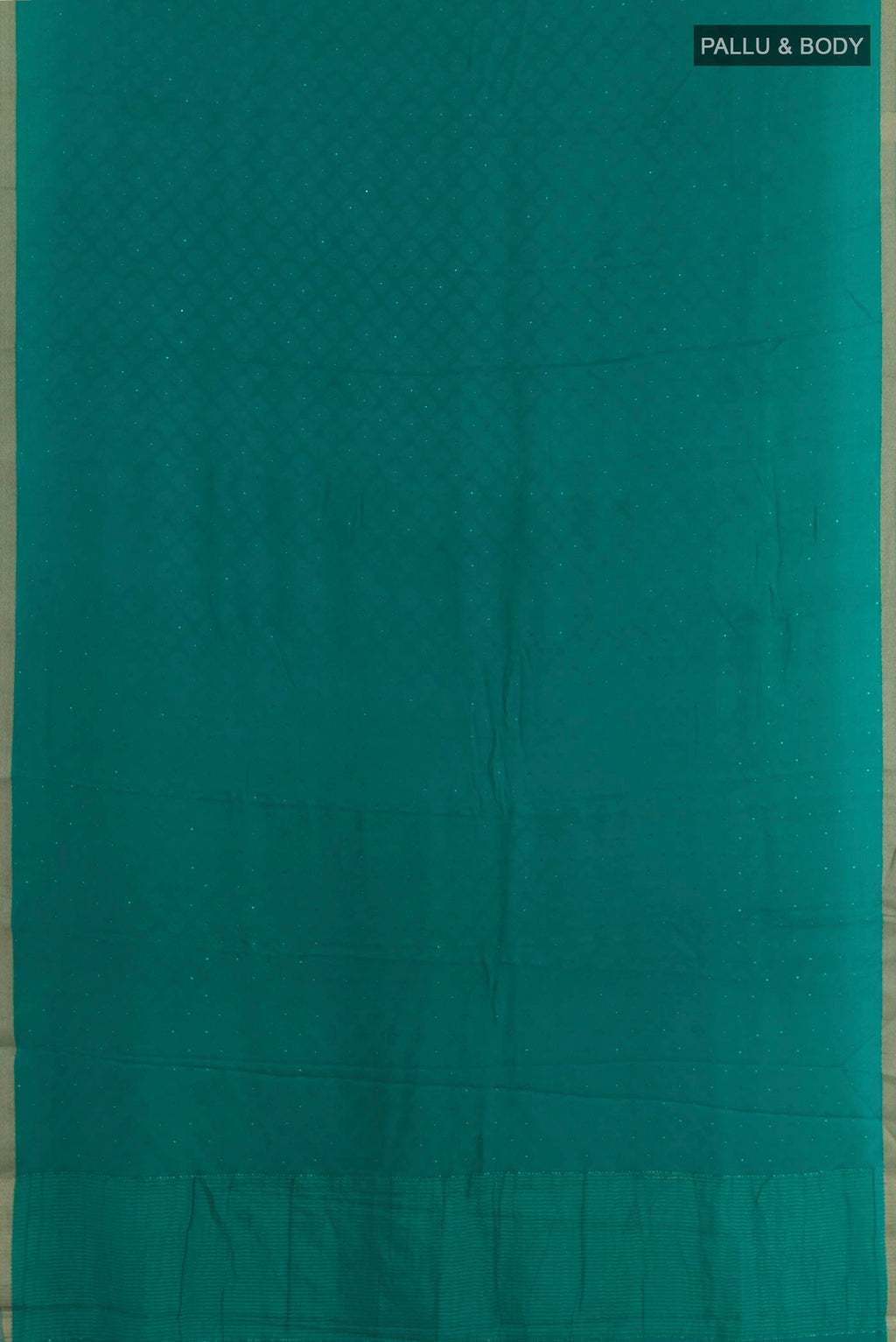 Flat view of Sea Green Mysore Crepe Saree with Jacquard design on the body and Zari Border. 