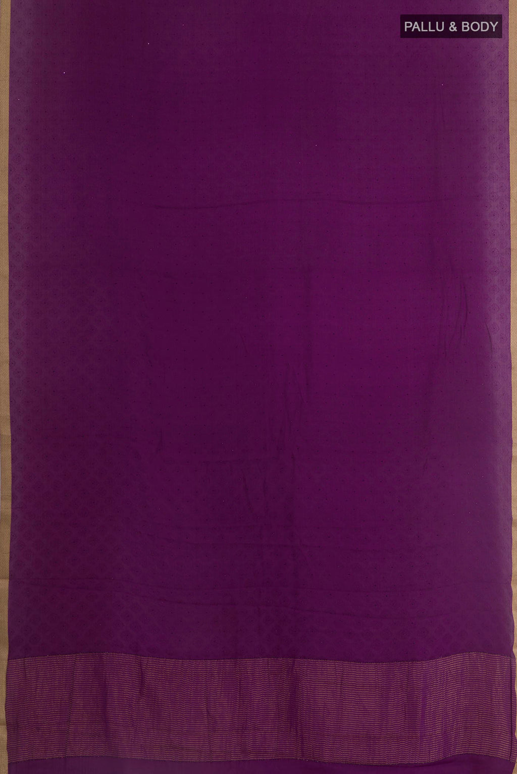 Flat view of Purple Mysore Crepe Saree with Jacquard design on the body and Zari Border. 
