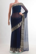 Navy Blue Mysore Chiffon Saree with Plain Body and Zari Border.  displayed on a mannequin