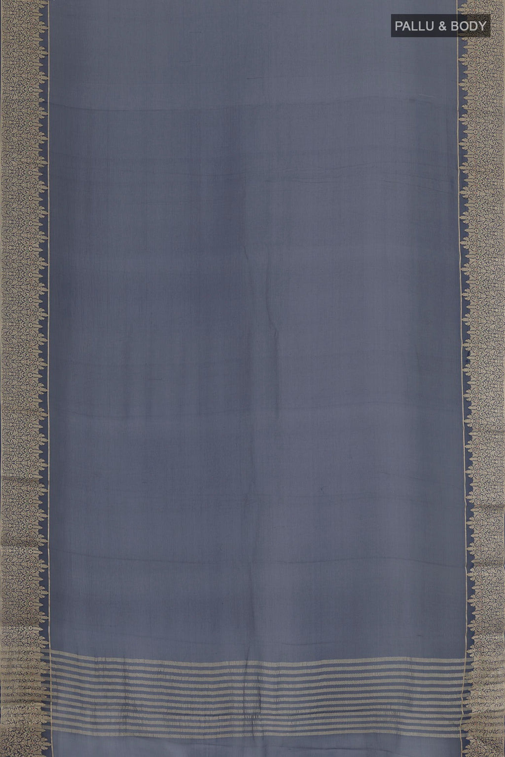 Flat view of Navy Blue Mysore Chiffon Saree with Plain Body and Zari Border. 