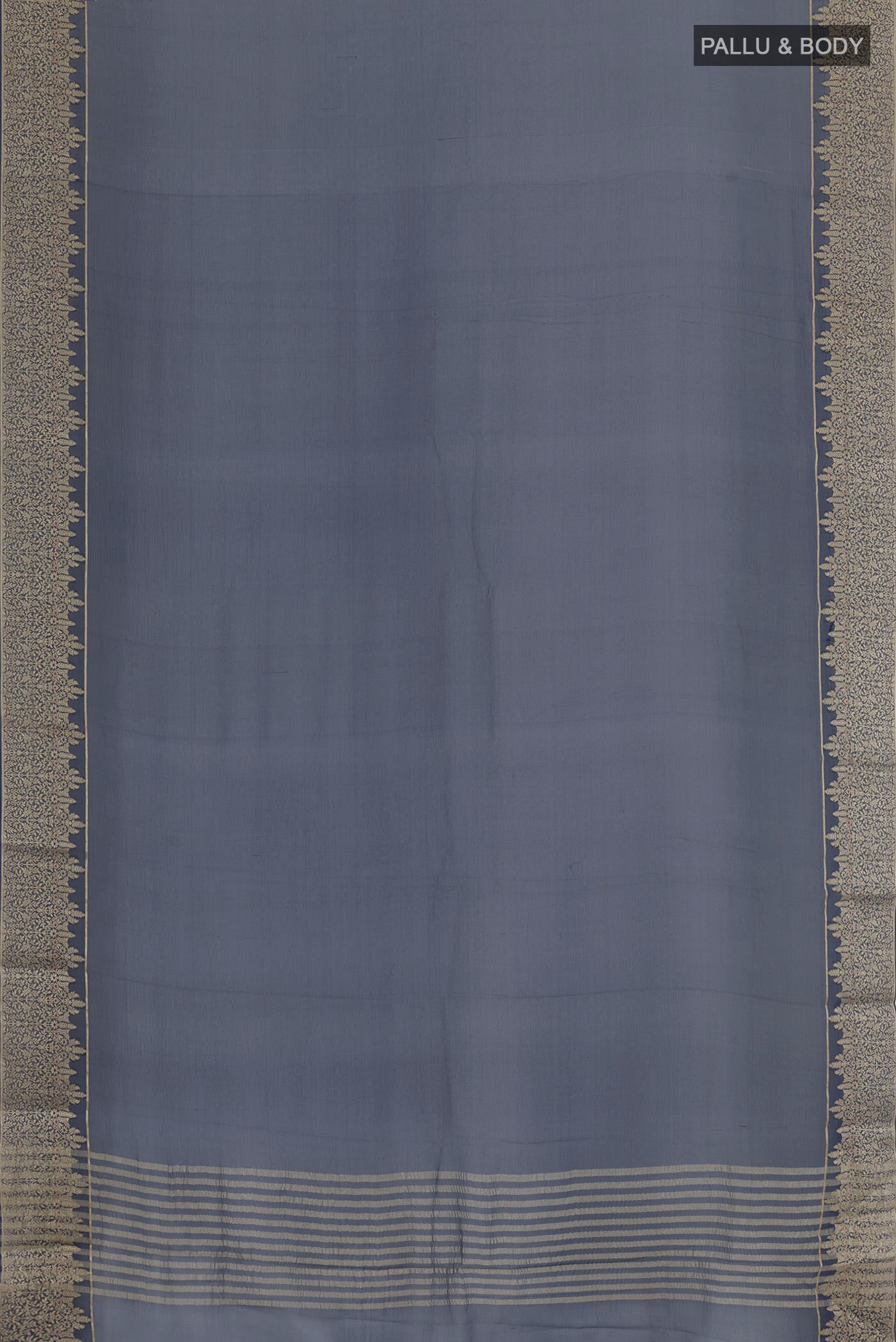 Flat view of Navy Blue Mysore Chiffon Saree with Plain Body and Zari Border. 