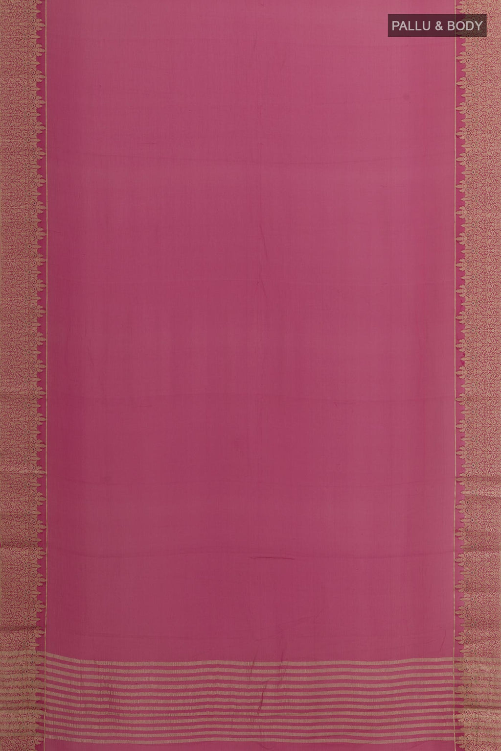 Flat view of Magenta Mysore Chiffon Saree with Plain Body and Zari Border. 