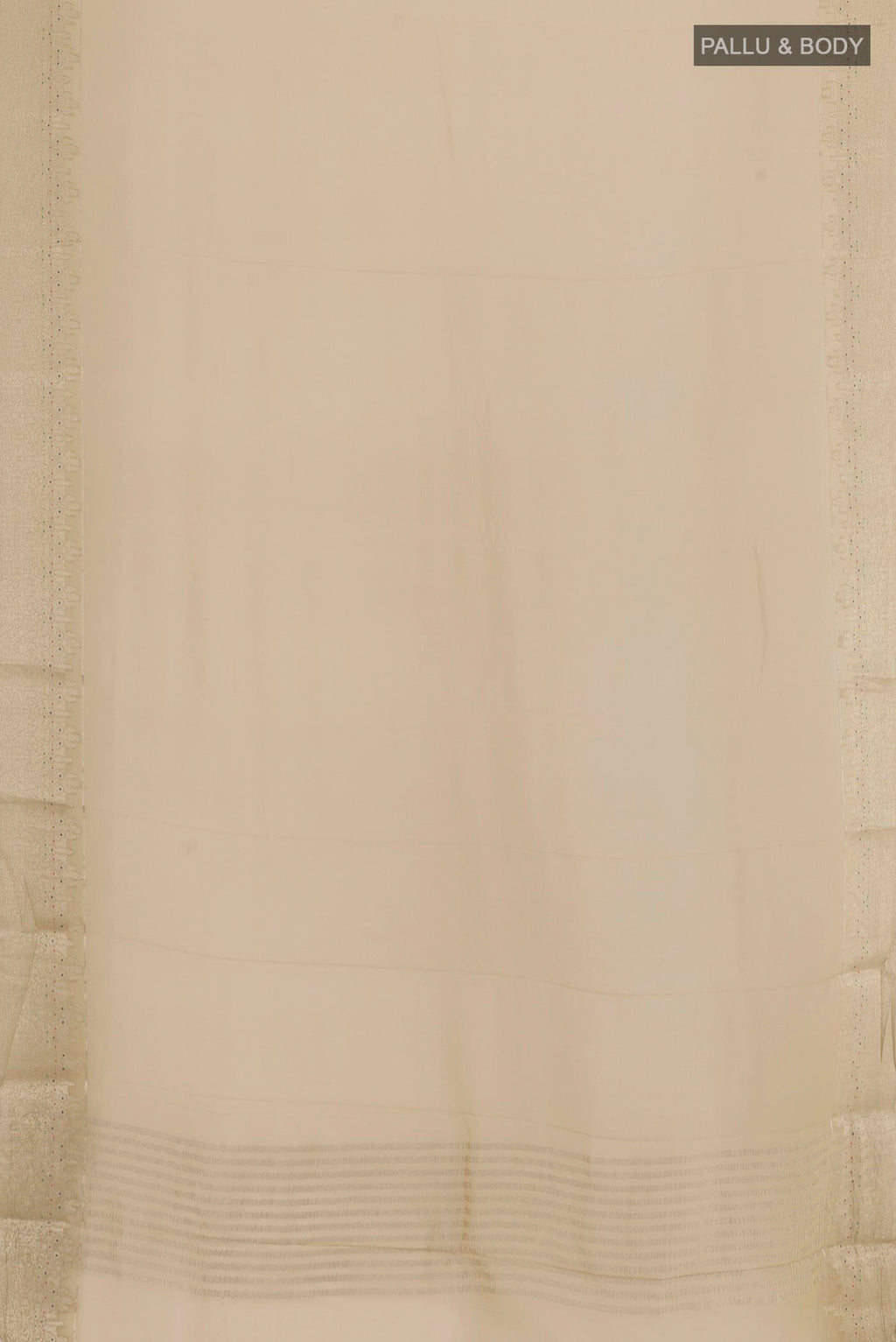 Flat view of Beige Mysore Chiffon Saree with Plain Body and Zari Border. 